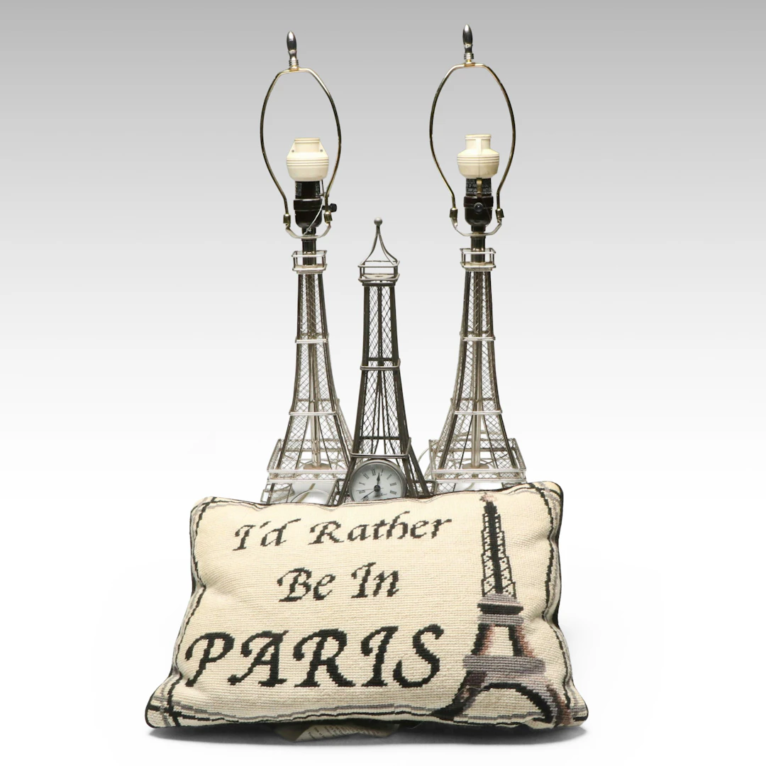 Seth Thomas Eiffel Tower Clock with Table Lamps and Needlepoint Pillow