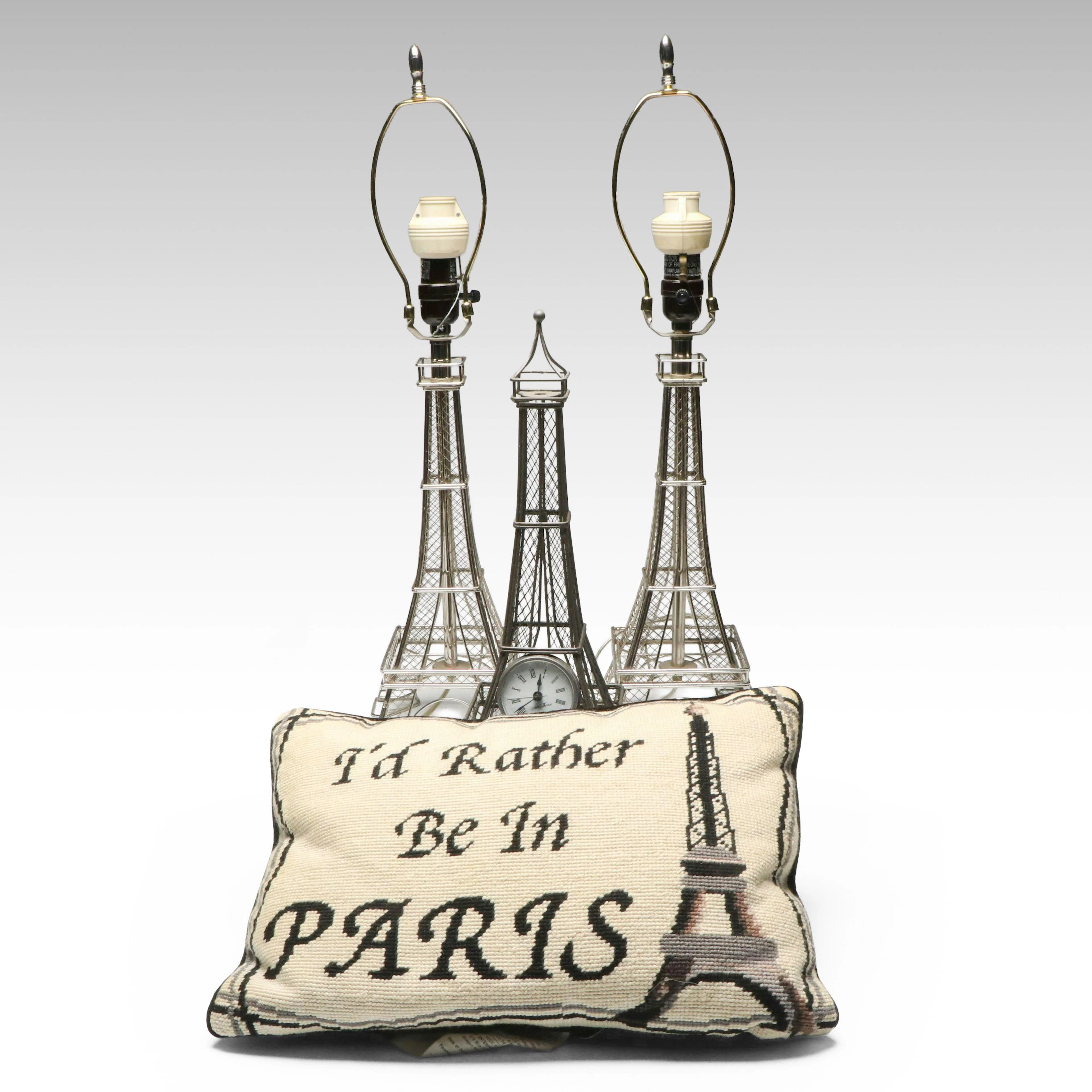 Seth Thomas Eiffel Tower Clock with Table Lamps and Needlepoint Pillow