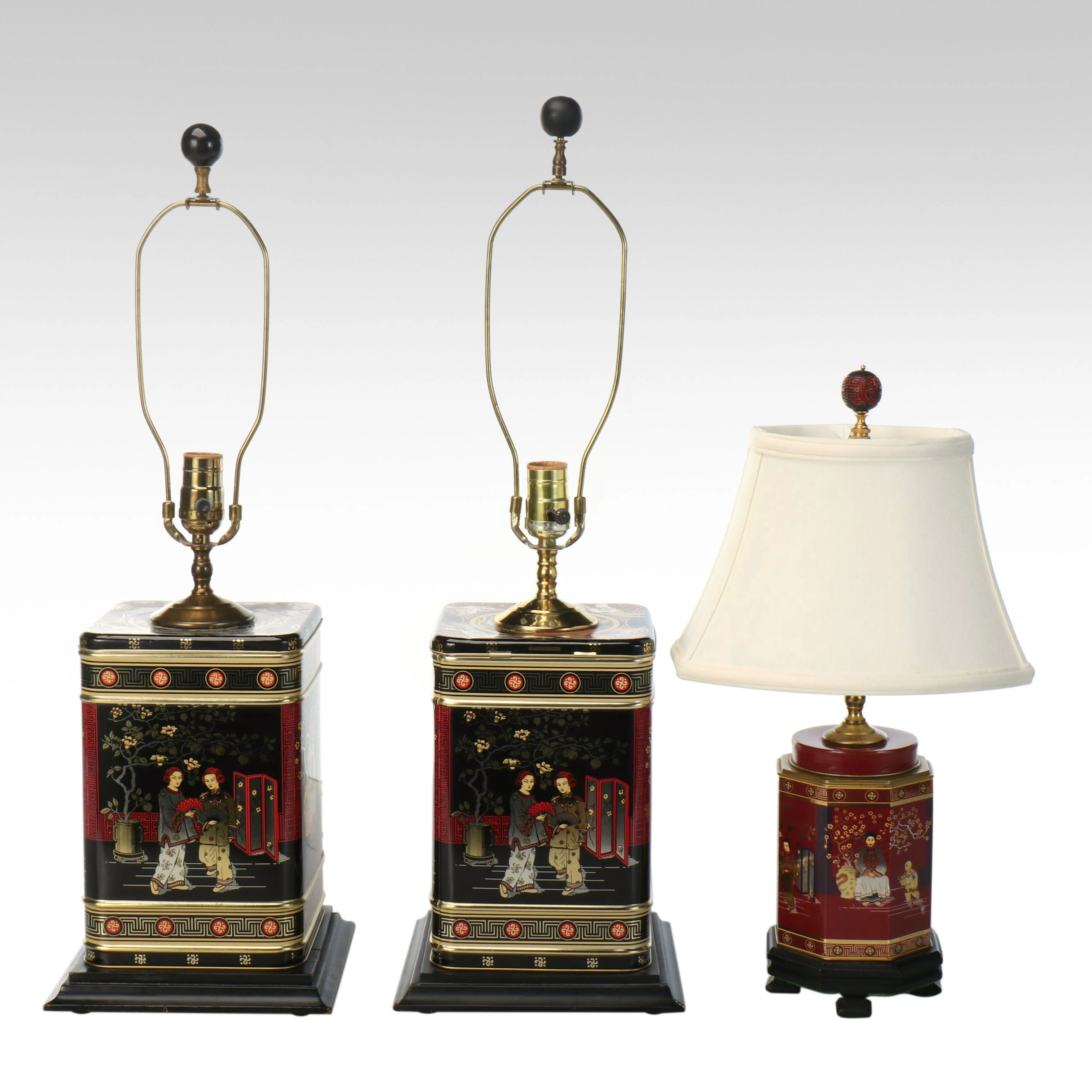Three Chinoiserie Tea Canister Style Table Lamps