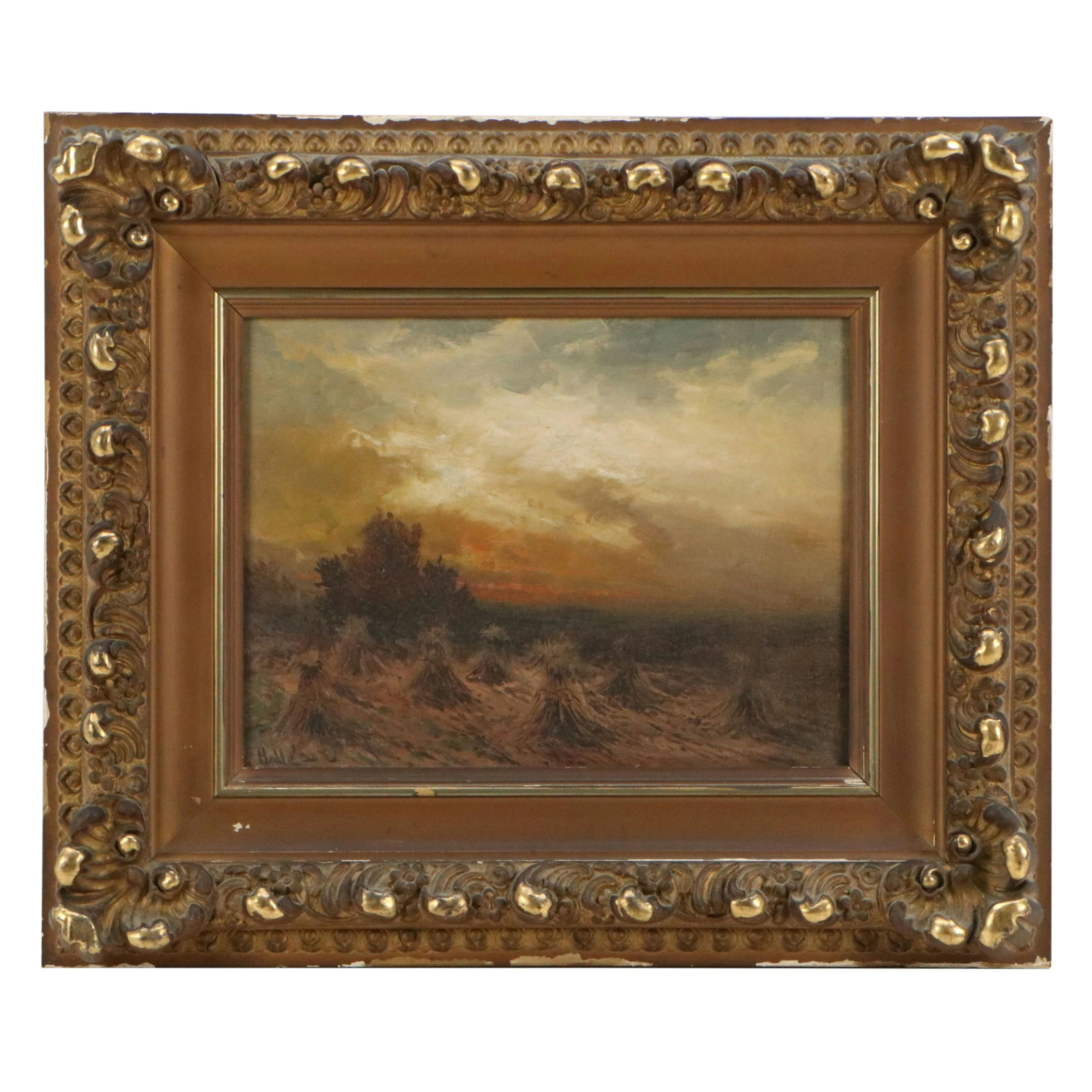 Albert Hallé Tonalist Oil Painting of Field of Hay Bales, Late 19th Century