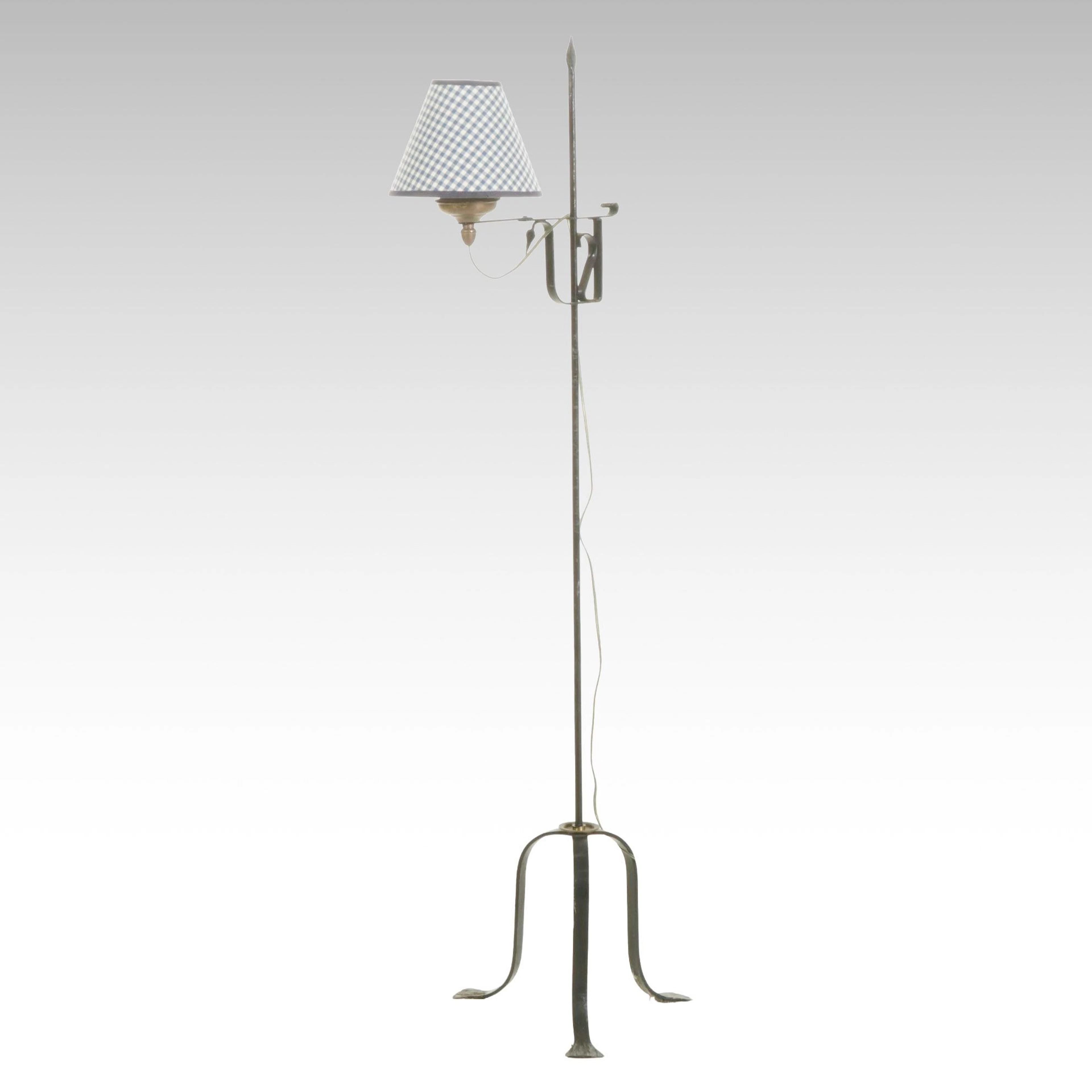 Colonial Style Black Wrought Iron Floor Lamp with Check Shade