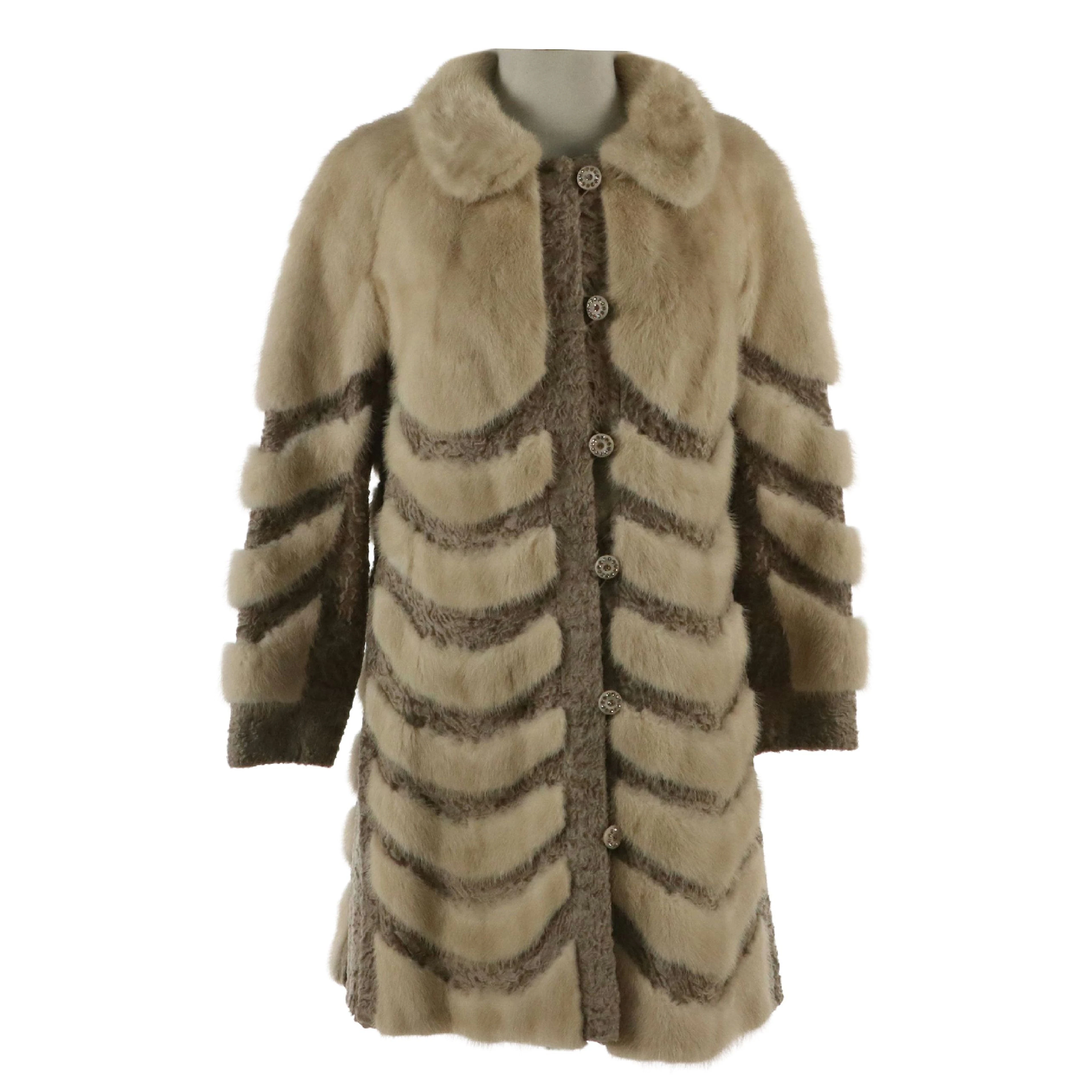 Mink Fur and Faux Persian Lamb Fur Coat Rhinestone Button Coat, Vintage