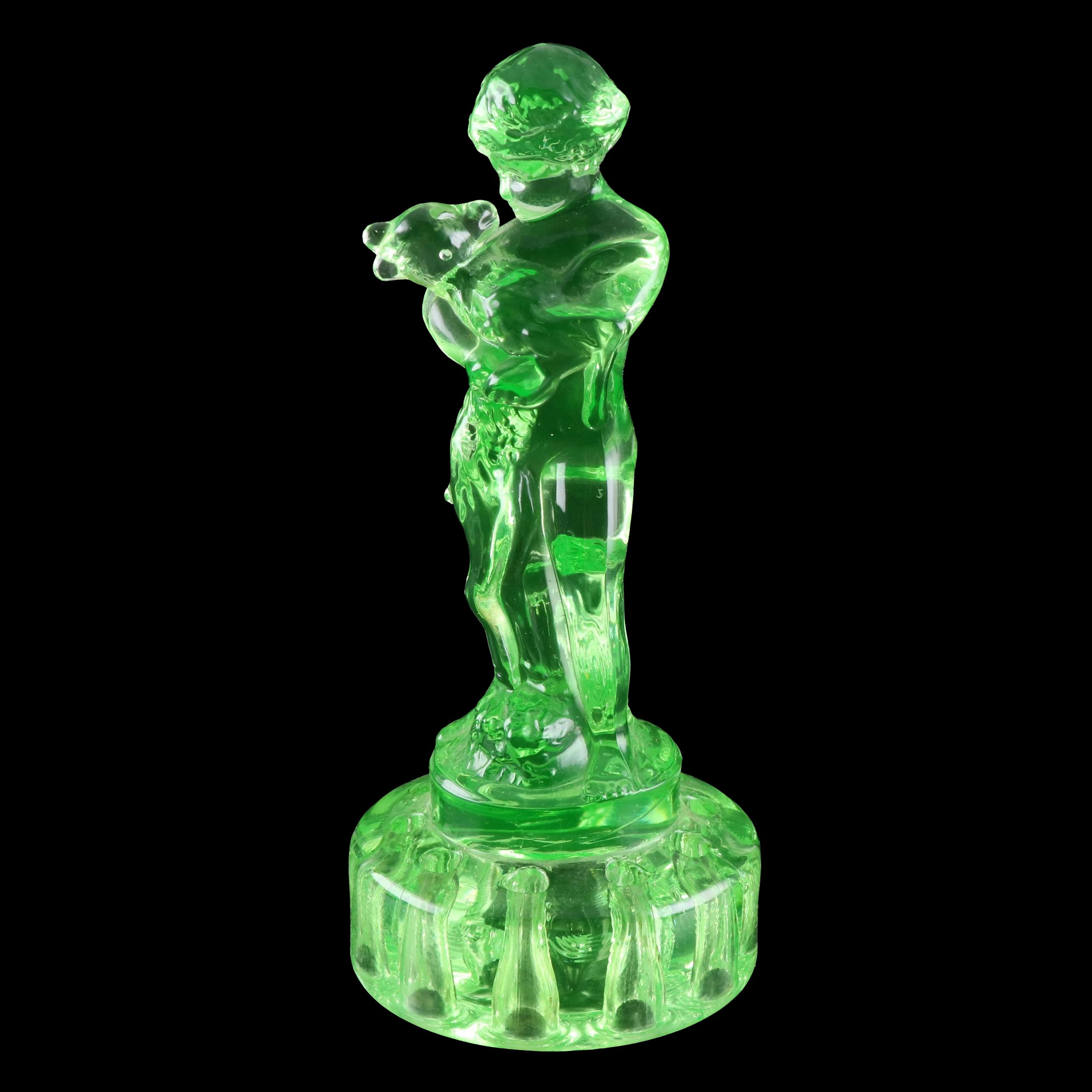 Cambridge "Two Kids" Figural Uranium Glass Flower Frog, Early to Mid-20th C.