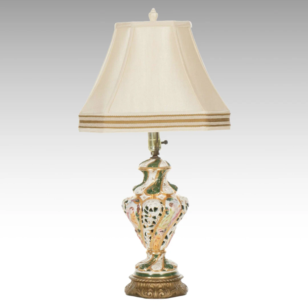 Italian Capodimonte Style Ceramic Table Lamp with Twill Custom Shade