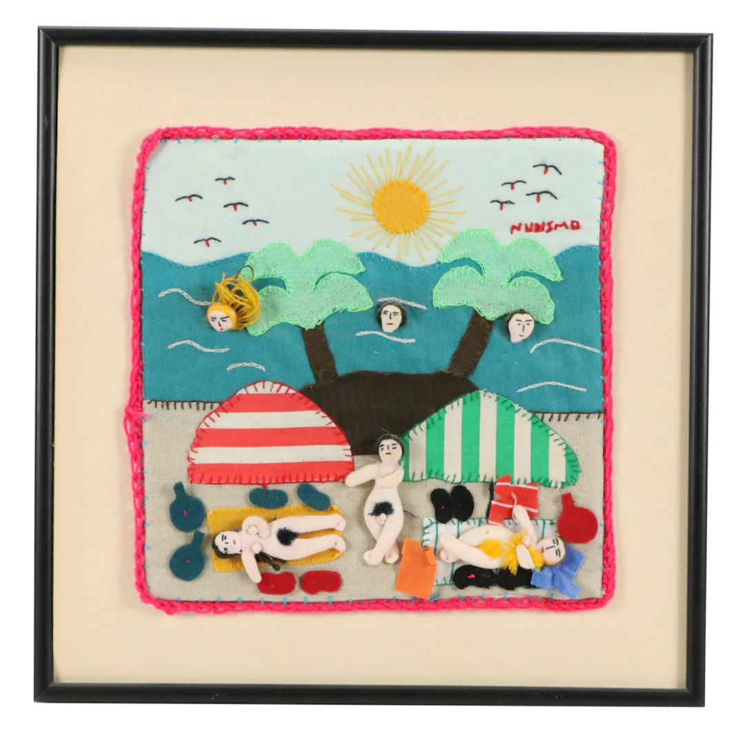 South American Handmade Folk Art Arpillera "Nudismo"