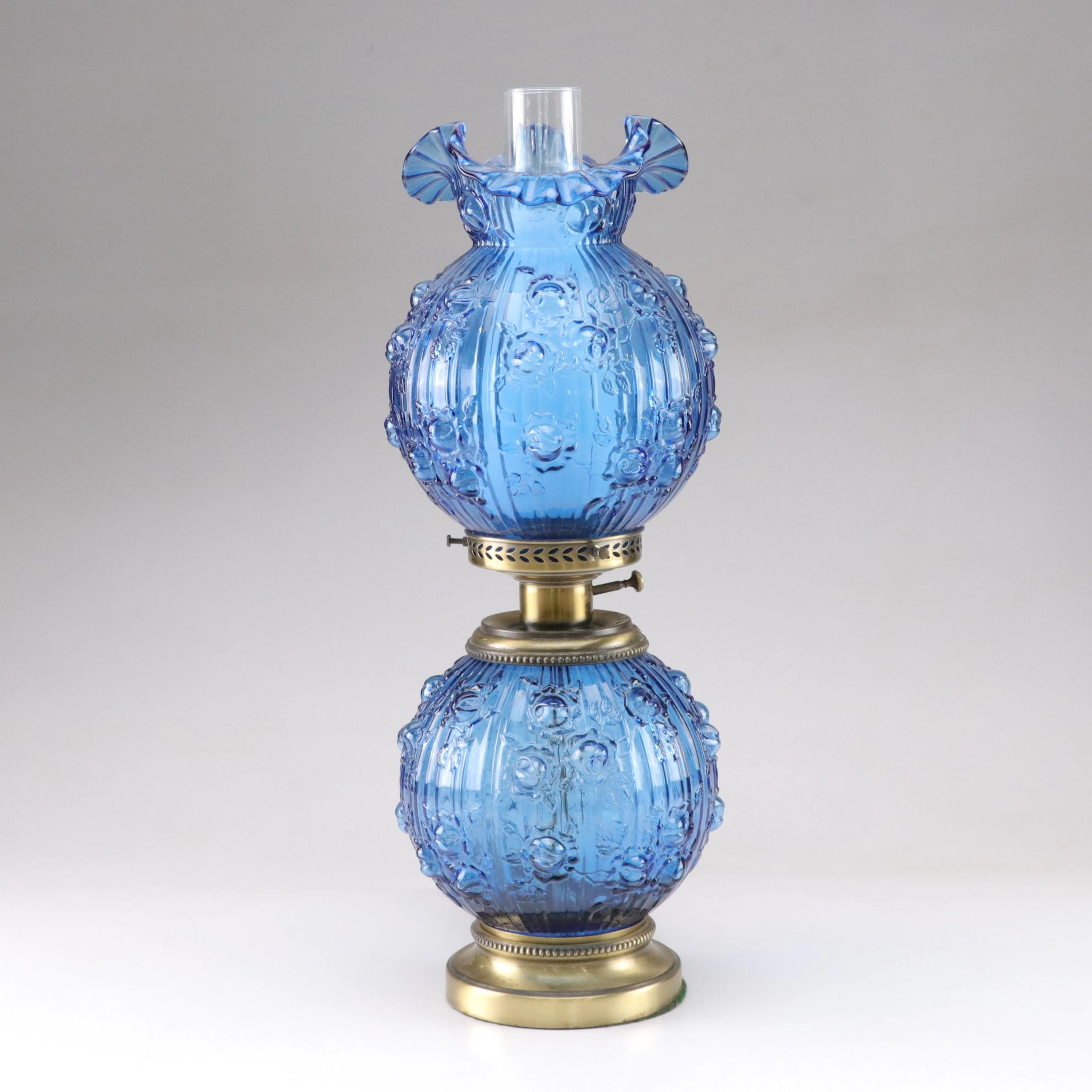 Fenton "Rose" Colonial Blue Ruffled Glass Parlor Lamp