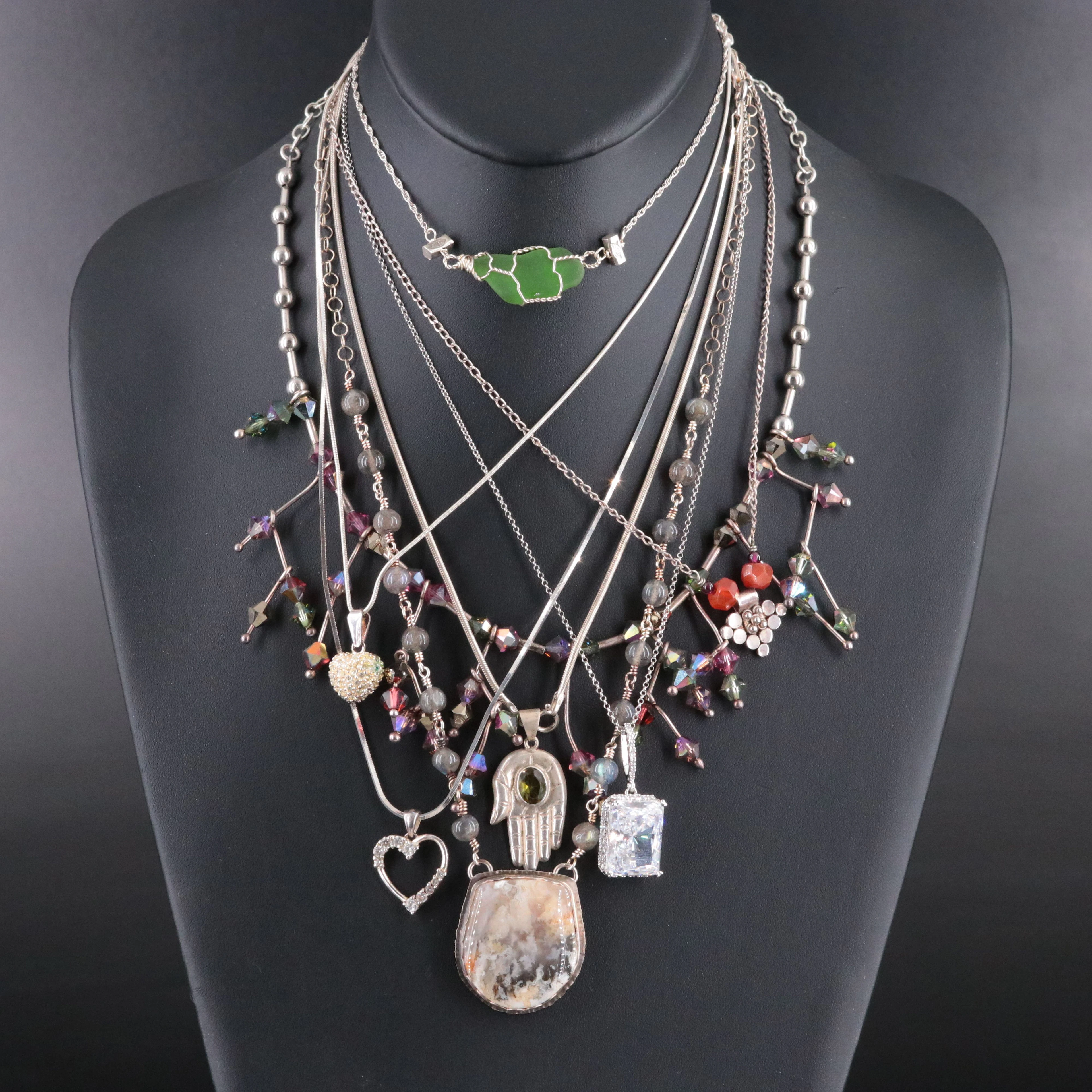 Agate, Labradorite and Peridot Highlighted in Sterling Necklaces