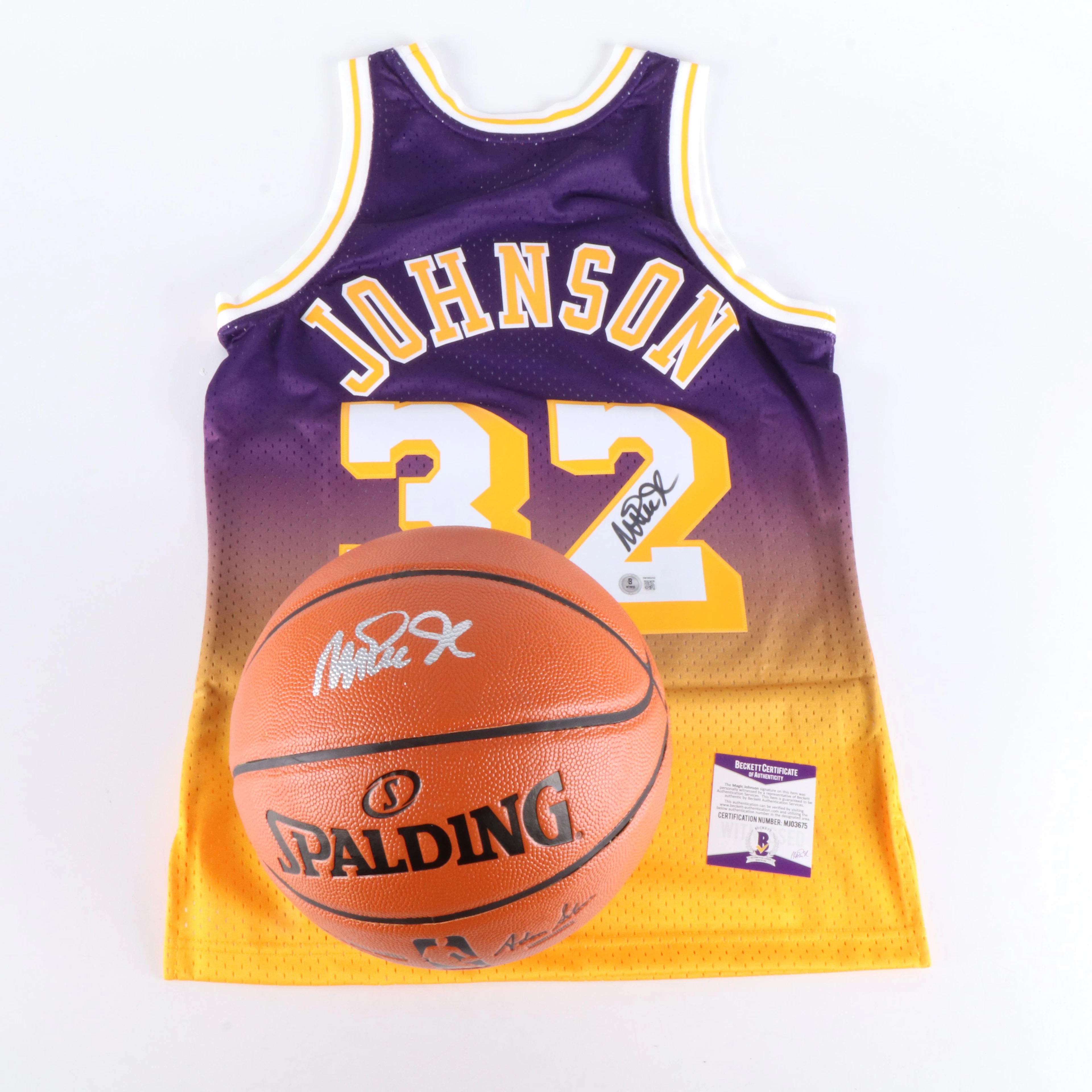 Magic Johnson Signed Mitchell & Ness Lakers Jersey and Basketball, Beckett