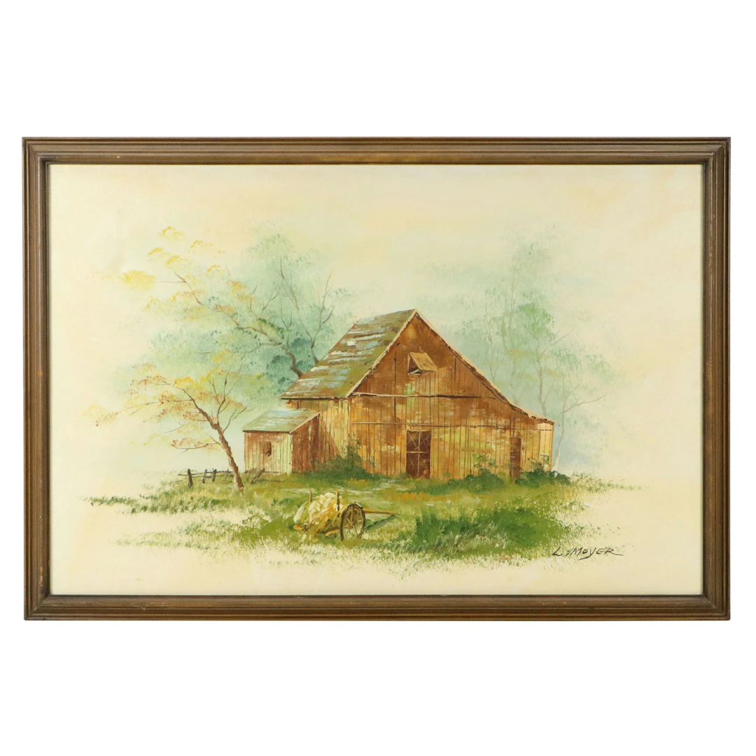 L. Moyer Landscape Acrylic Painting of Barn in Clearing, Mid to Late 20th C.
