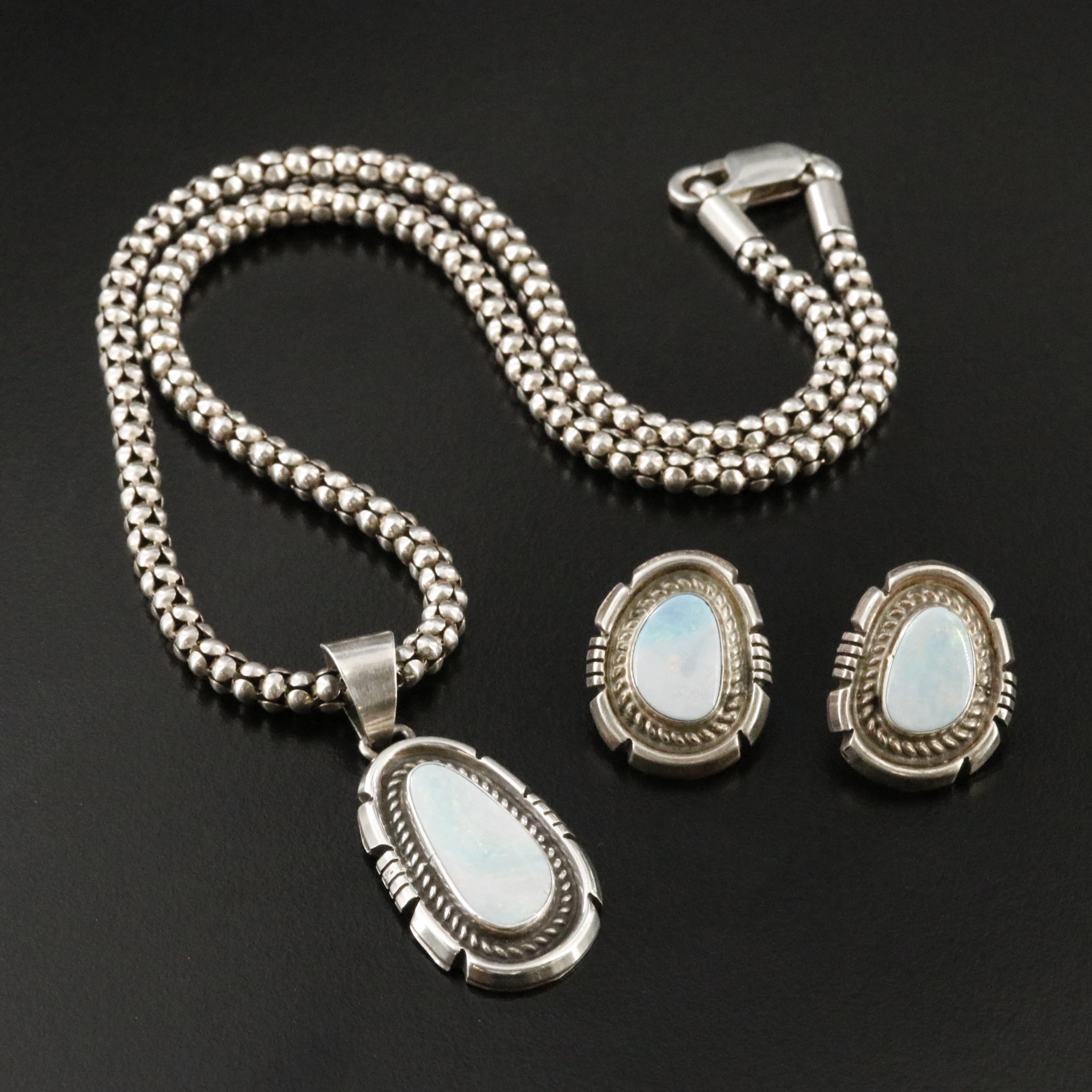 Jon McCray Navajo Diné Sterling Opal Earrings & Pendant with Silpada Chain
