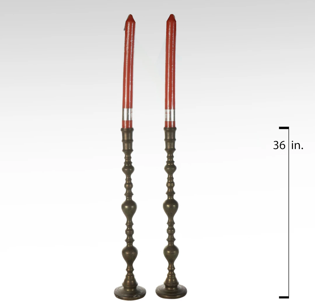 Etched Brass Floor Candlesticks with Red Wax Tapers