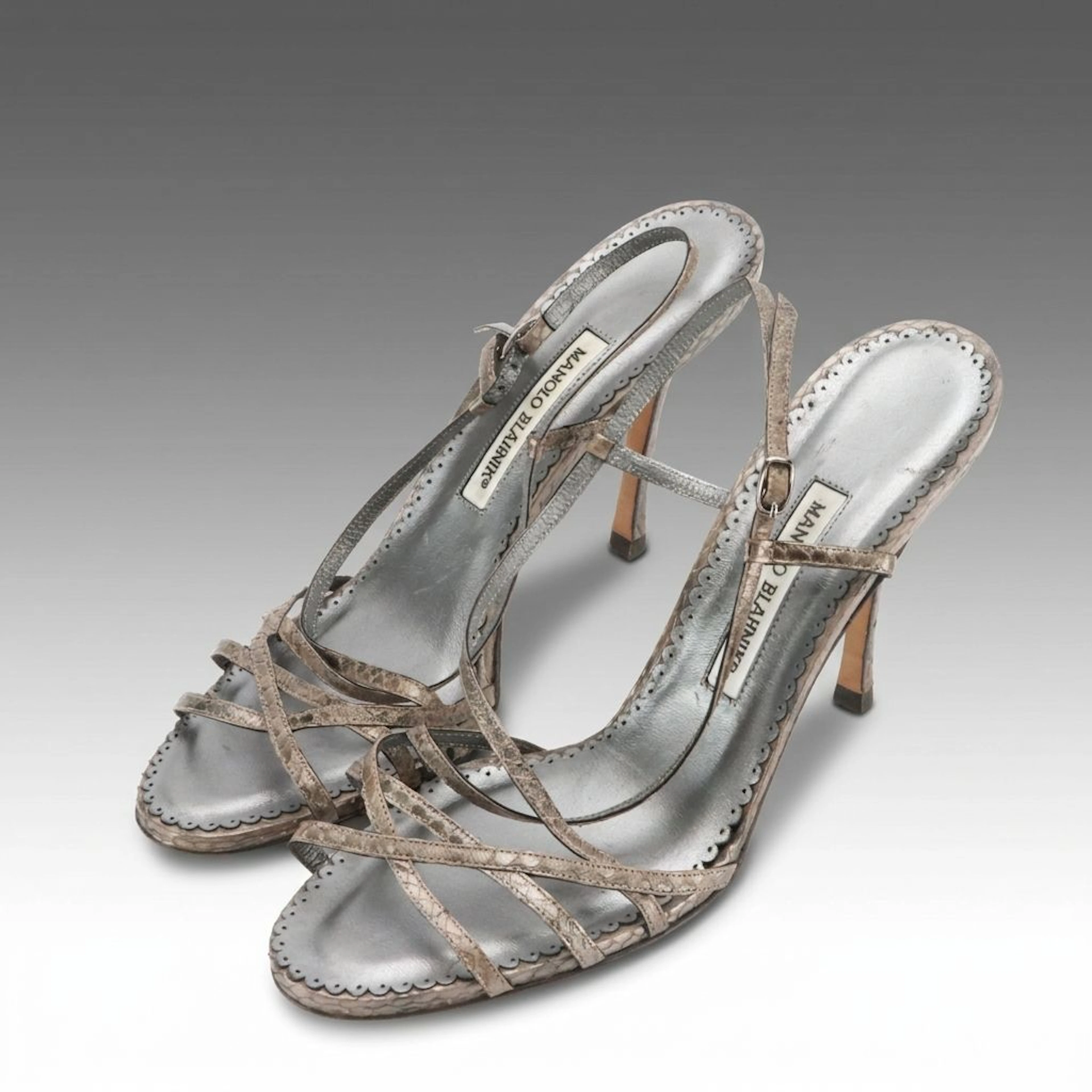 Manolo Blahnik Strappy Heeled Sandals in Grey Python Snakeskin with Leather