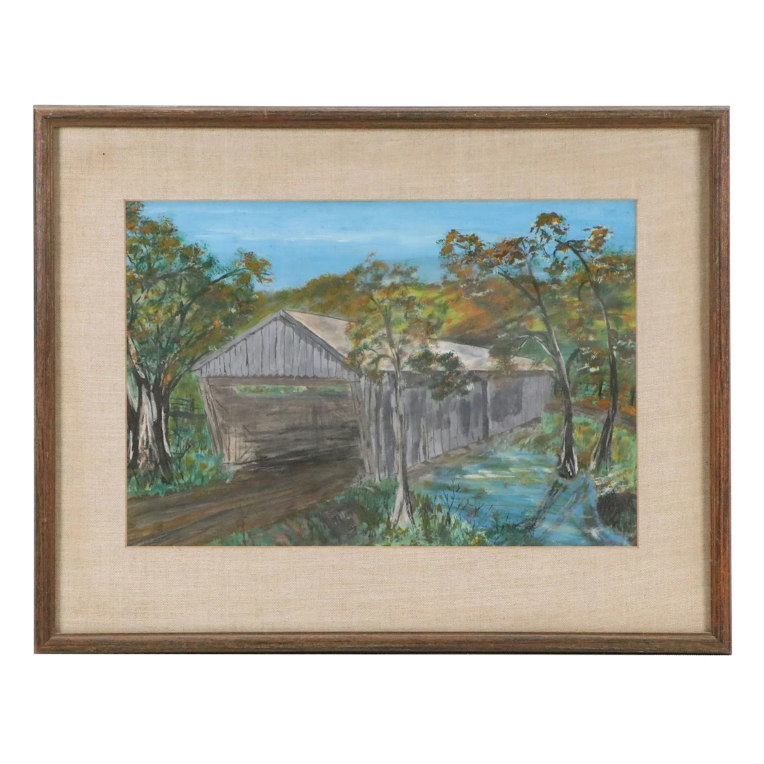 R.A. Draper Landscape Gouache Painting "Fall at Bennett's Mill Covered Bridge"