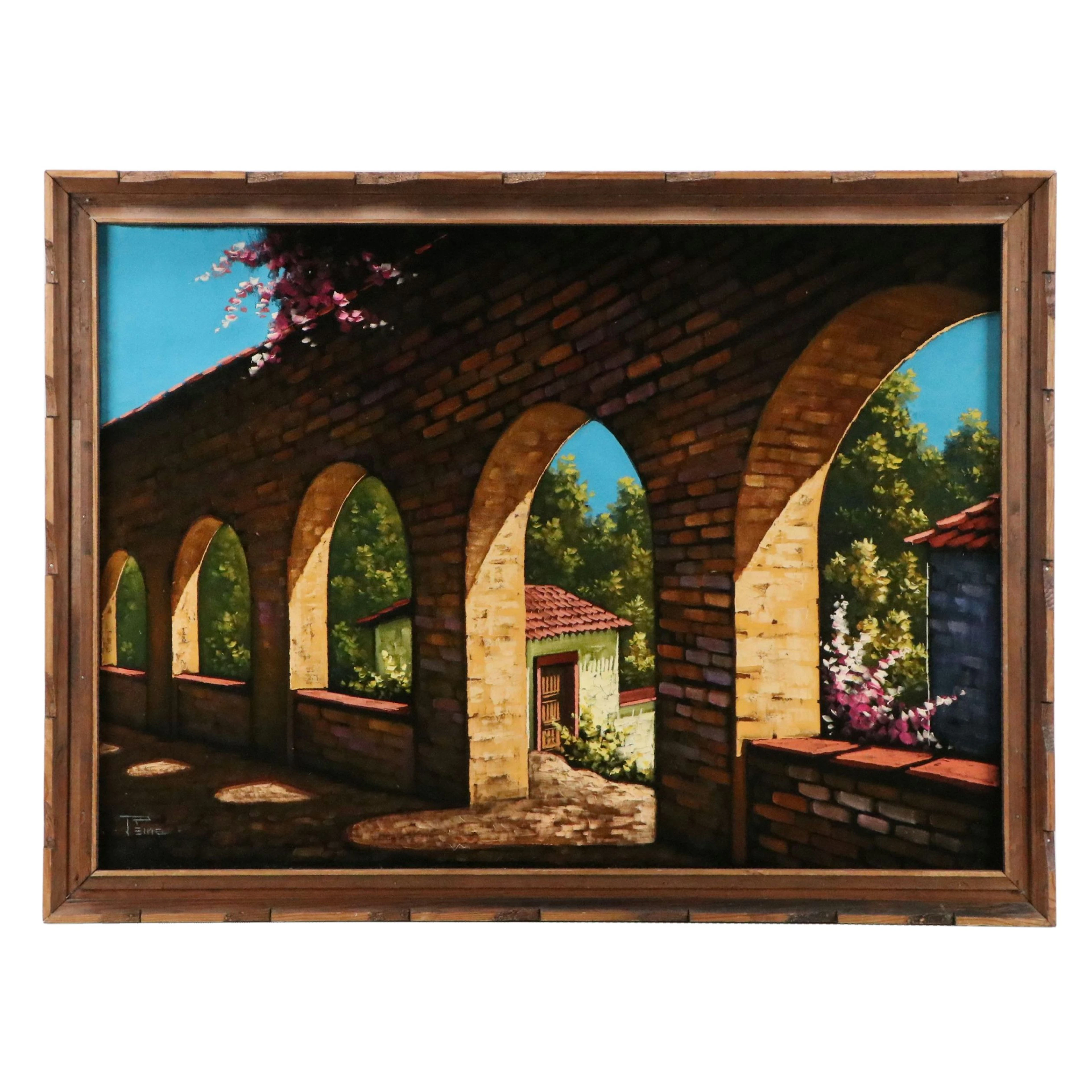 Mexican Velvet Painting of Arched Garden Wall, Late 20th Century