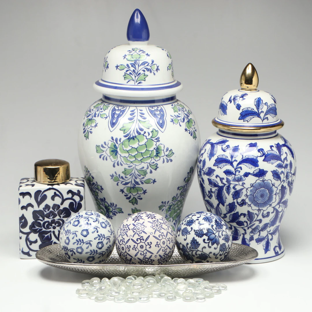 Chinoiserie Style Ceramic Ginger Jars with Decorative Spheres