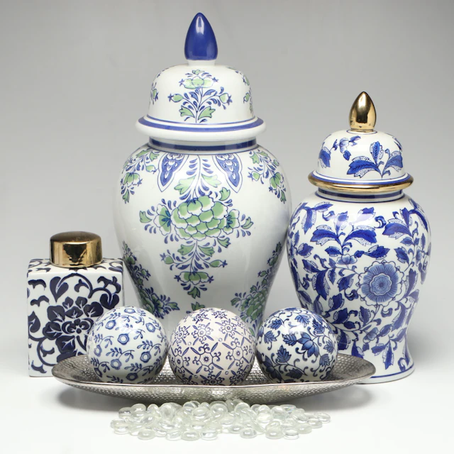Chinoiserie Style Ceramic Ginger Jars with Decorative Spheres