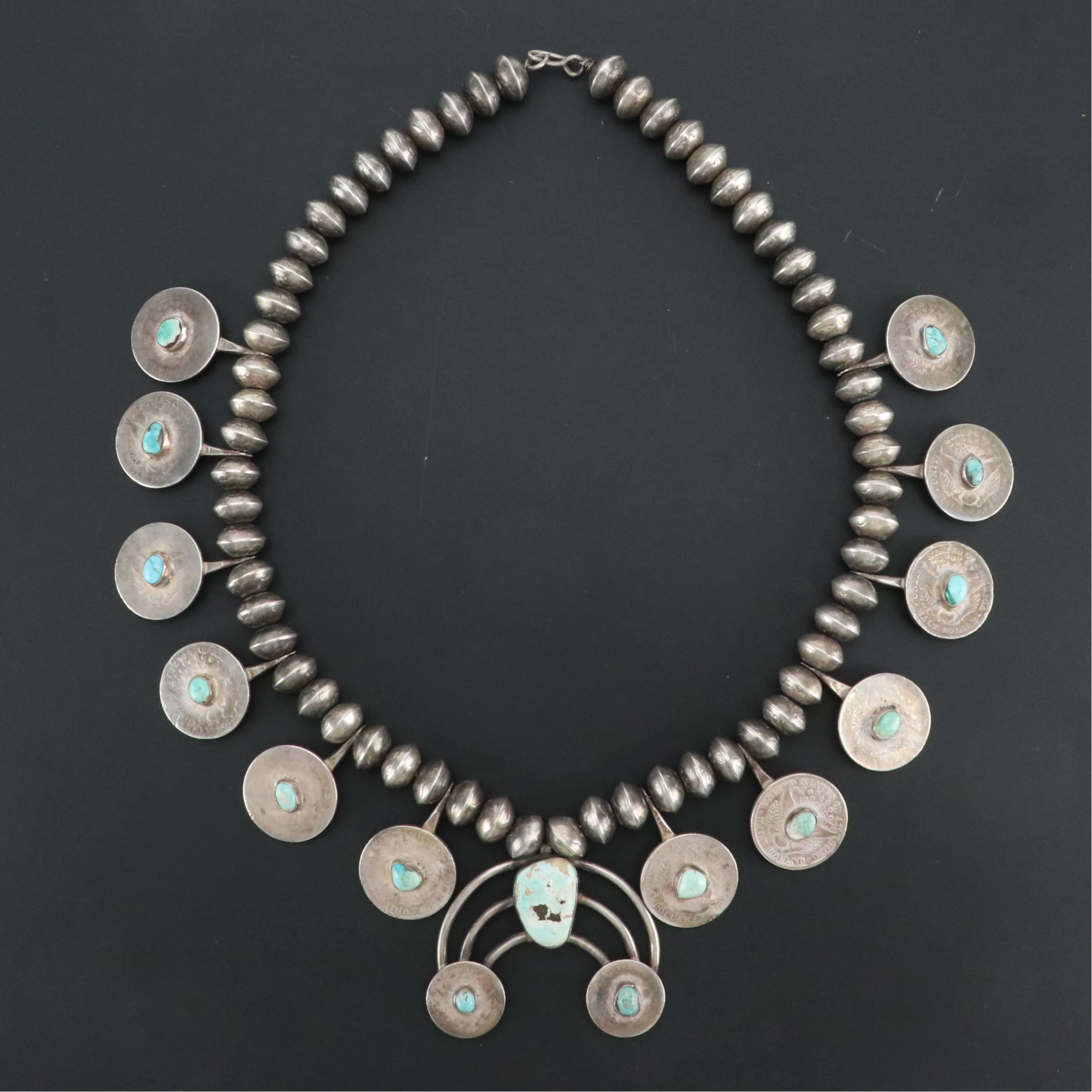 Native American Silver & Turquoise Concho Necklace with 1898-1908 Barber Coins