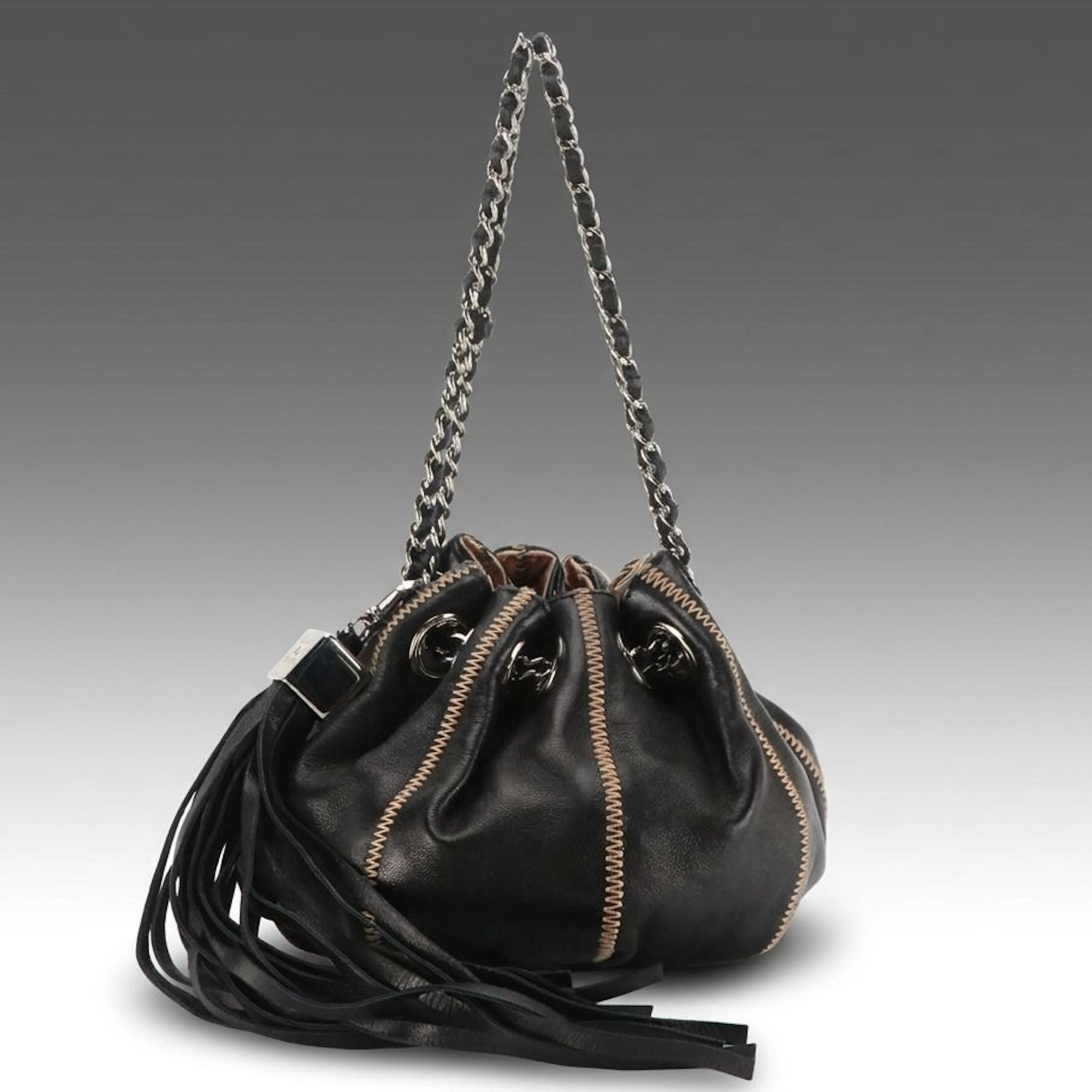 Chanel Mini Reversible Sac Cordon in Black Lambskin Leather with Fringe Tassel