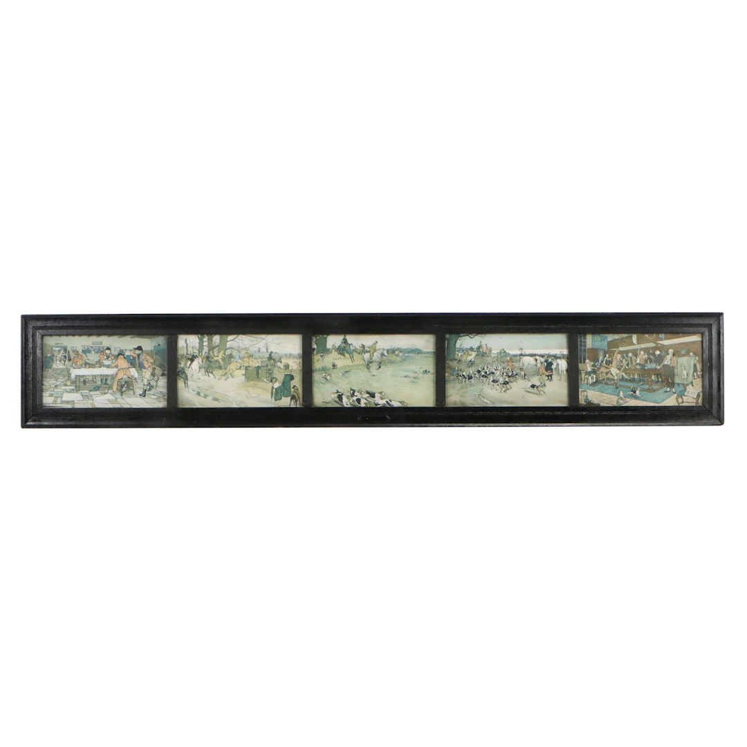 Panoramic Color Lithograph Display of Hunting Party After Cecil Aldin, C. 1920s