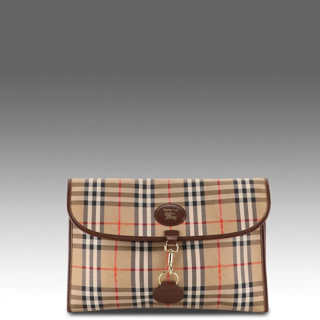 Burberrys Haymarket Check and Leather Document Portfolio Clutch