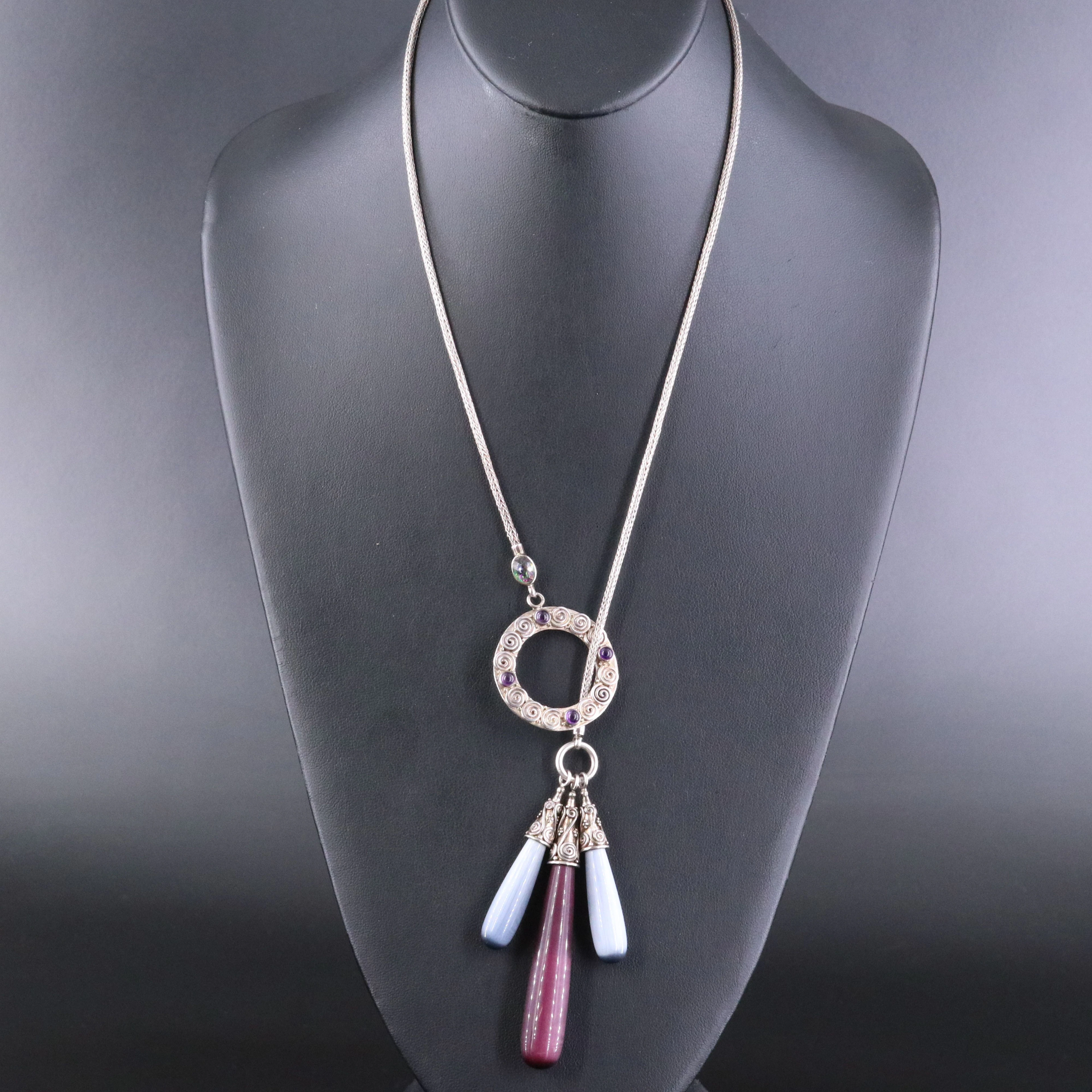 Sajen Sterling Fiber Optic Glass Lariat Necklace Featuring Amethyst