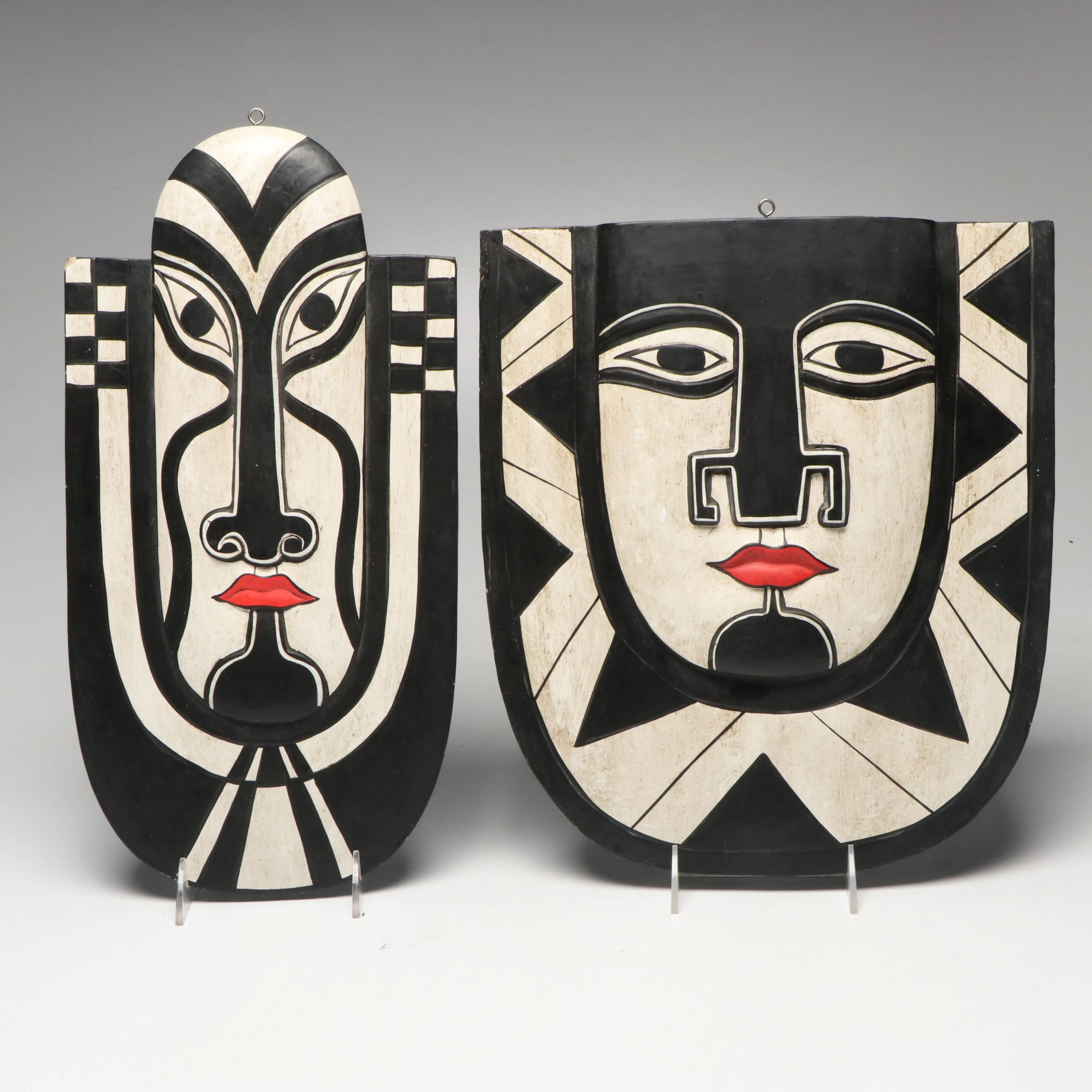 Abstract Stylized Face Wooden Wall Masks, Pair, Late 20th Century