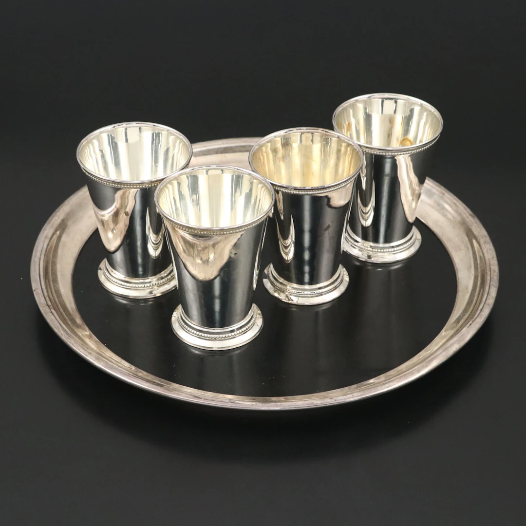 Crescent Silver Plate Tray with Two's Company Mint Julep Cups