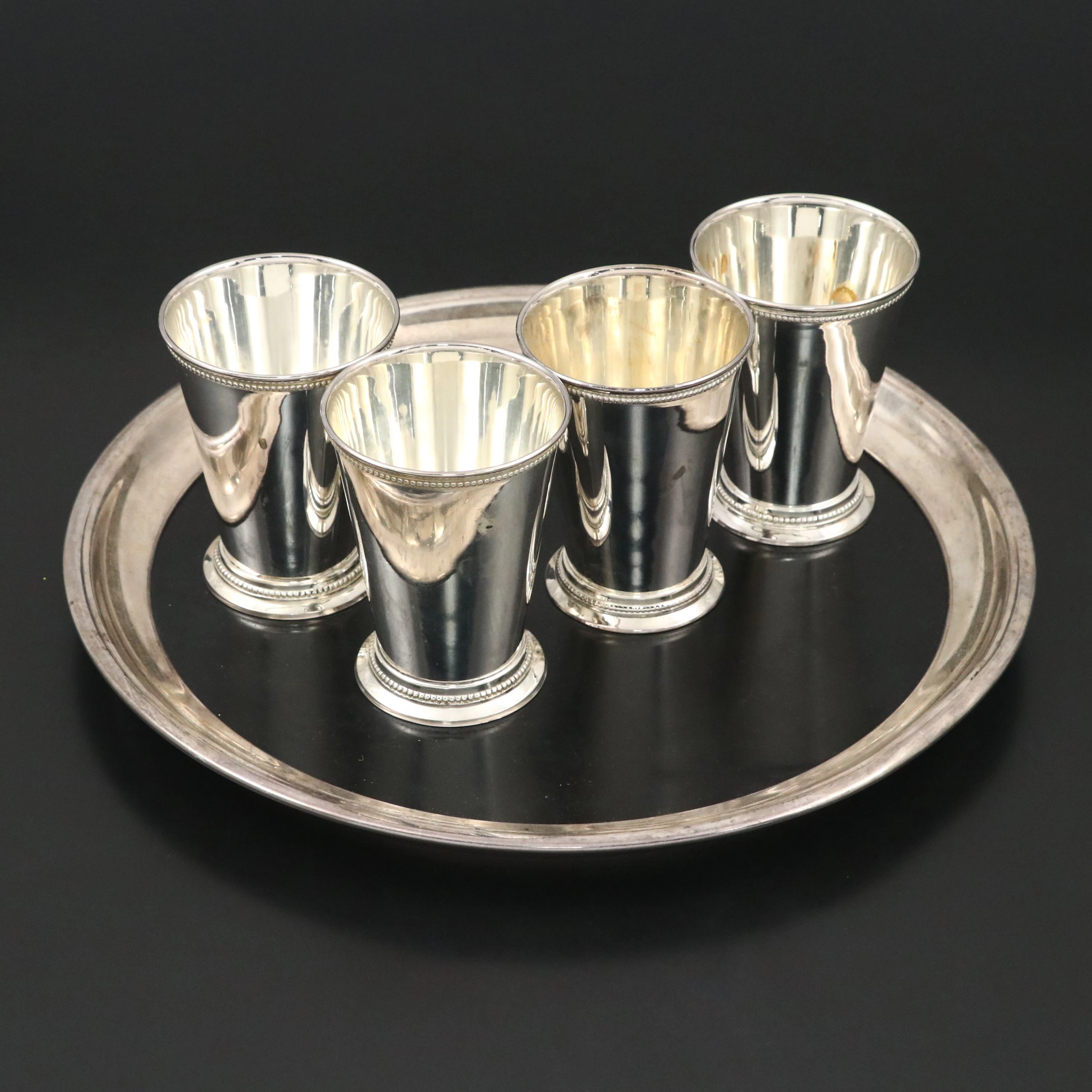 Crescent Silver Plate Tray with Two's Company Mint Julep Cups