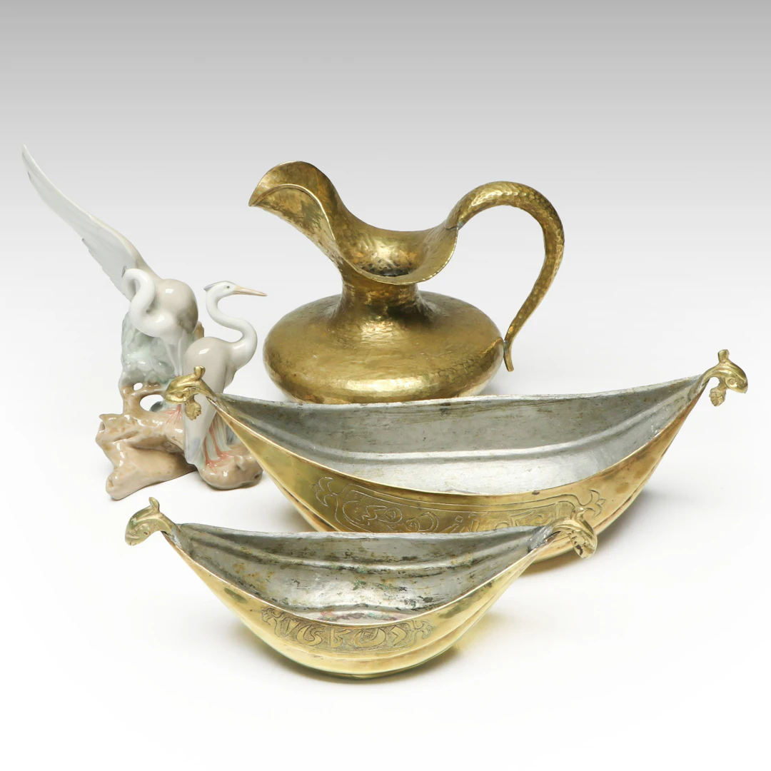 NAO by Lladro "Resting Herons" Porcelain Figurine with Other Brass Decor