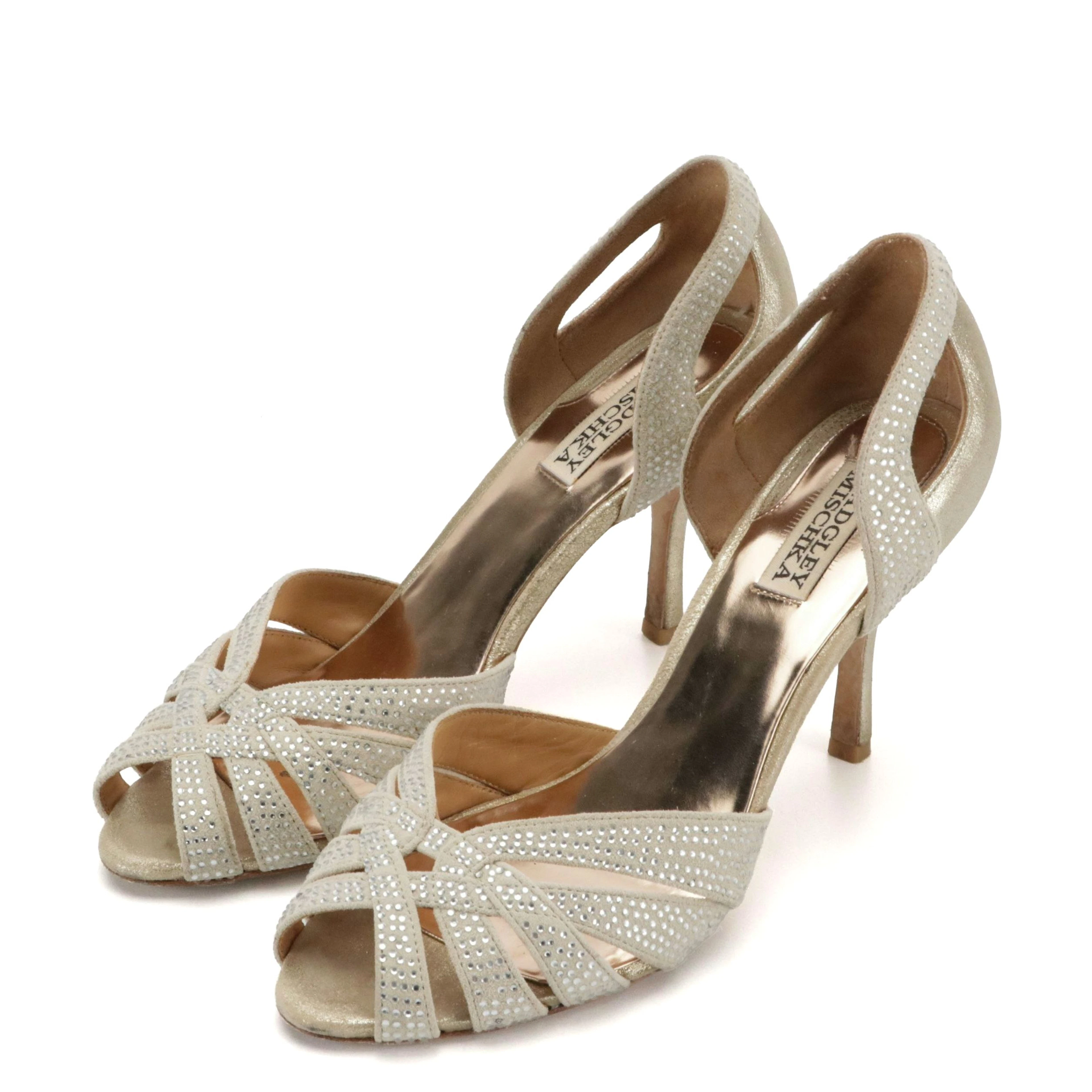 Badgley Mischka "Tatiana" Metallic Gold Embellished Peep-Toe Pumps, With Box
