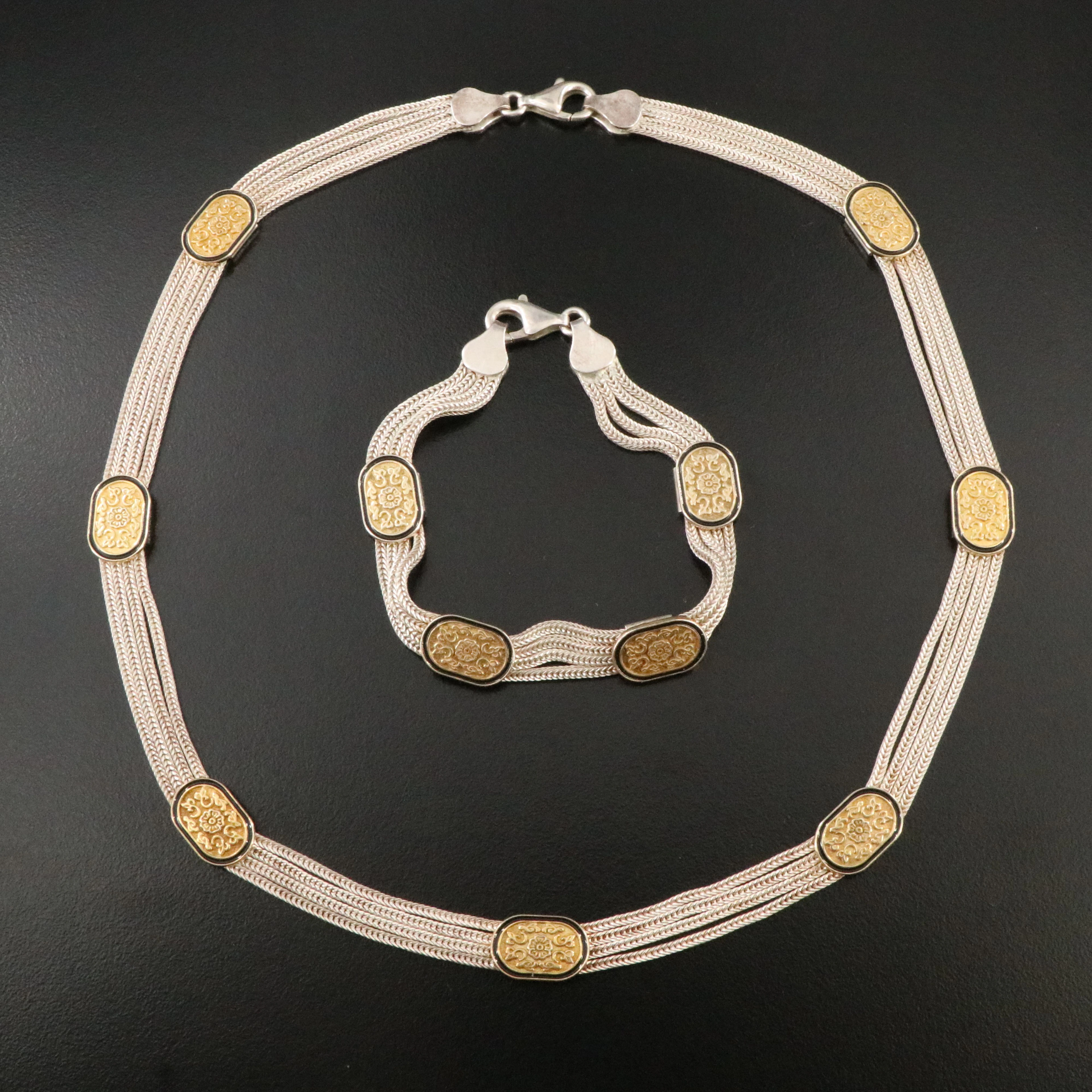 Turkish Sterling Foxtail and Tracery Enamel Station Necklace and Bracelet Set