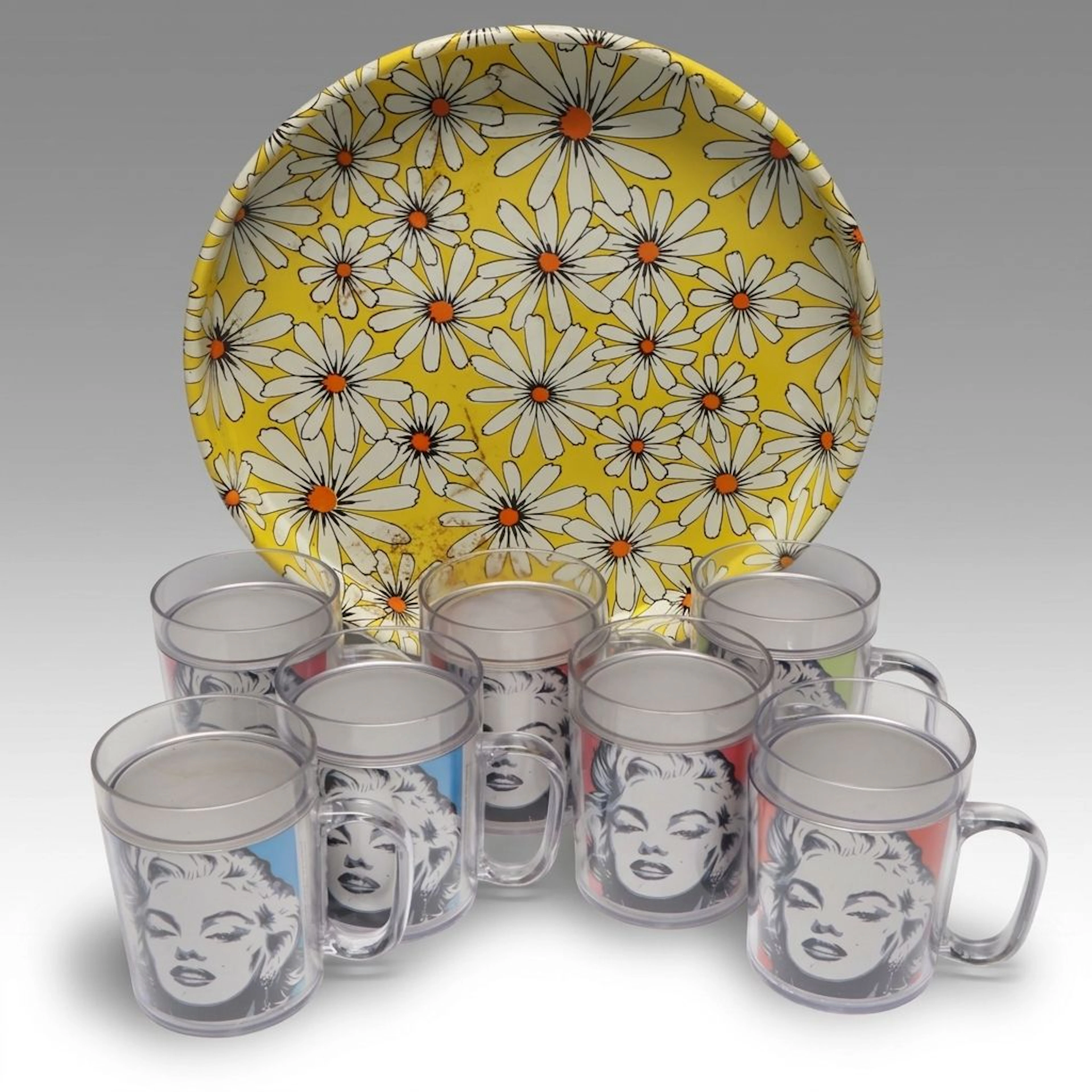 Vintage Tin Litho Tray with Marilyn Monroe Mugs, Mid-Late 20th Century