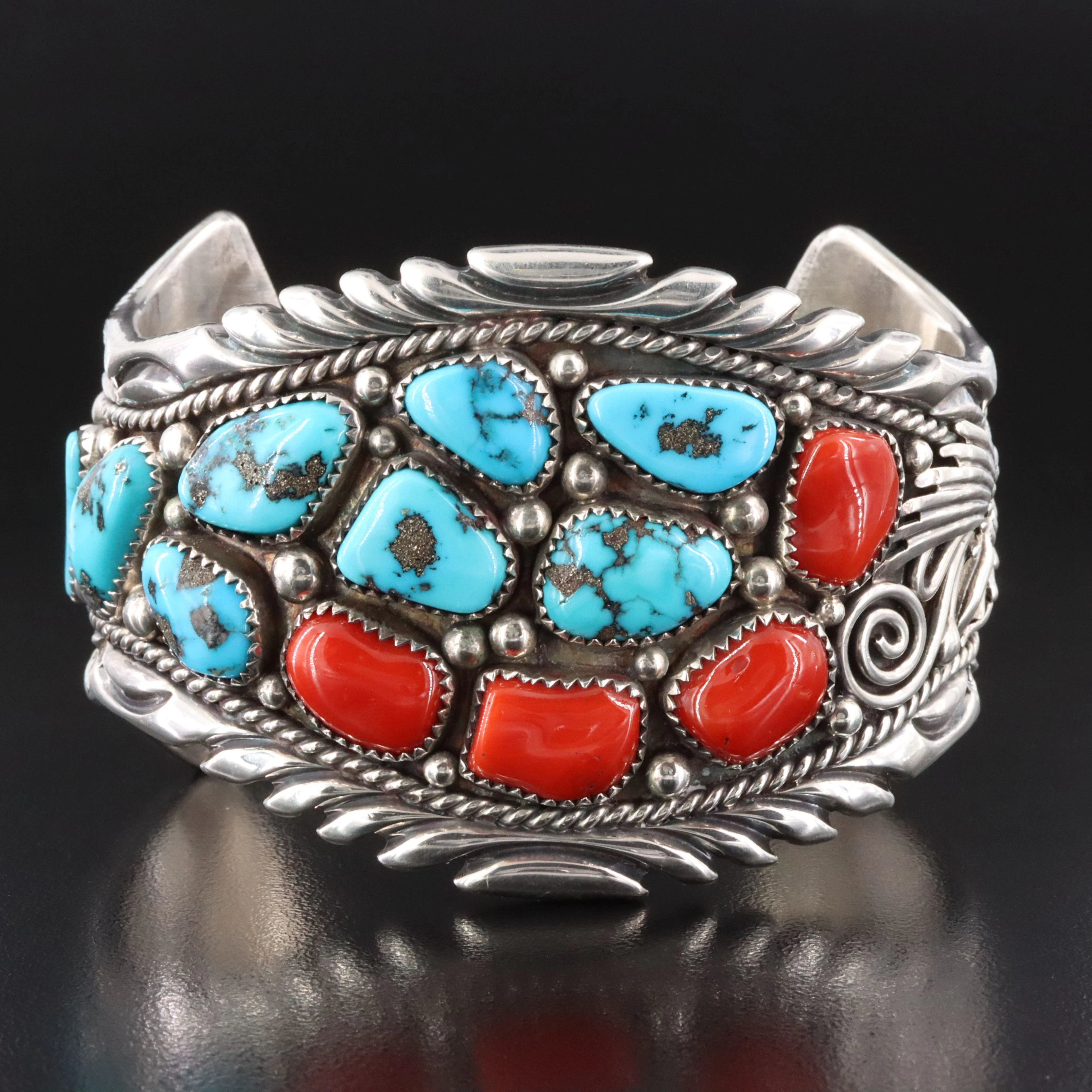 Southwestern Sterling Turquoise and Coral Cuff Bracelet