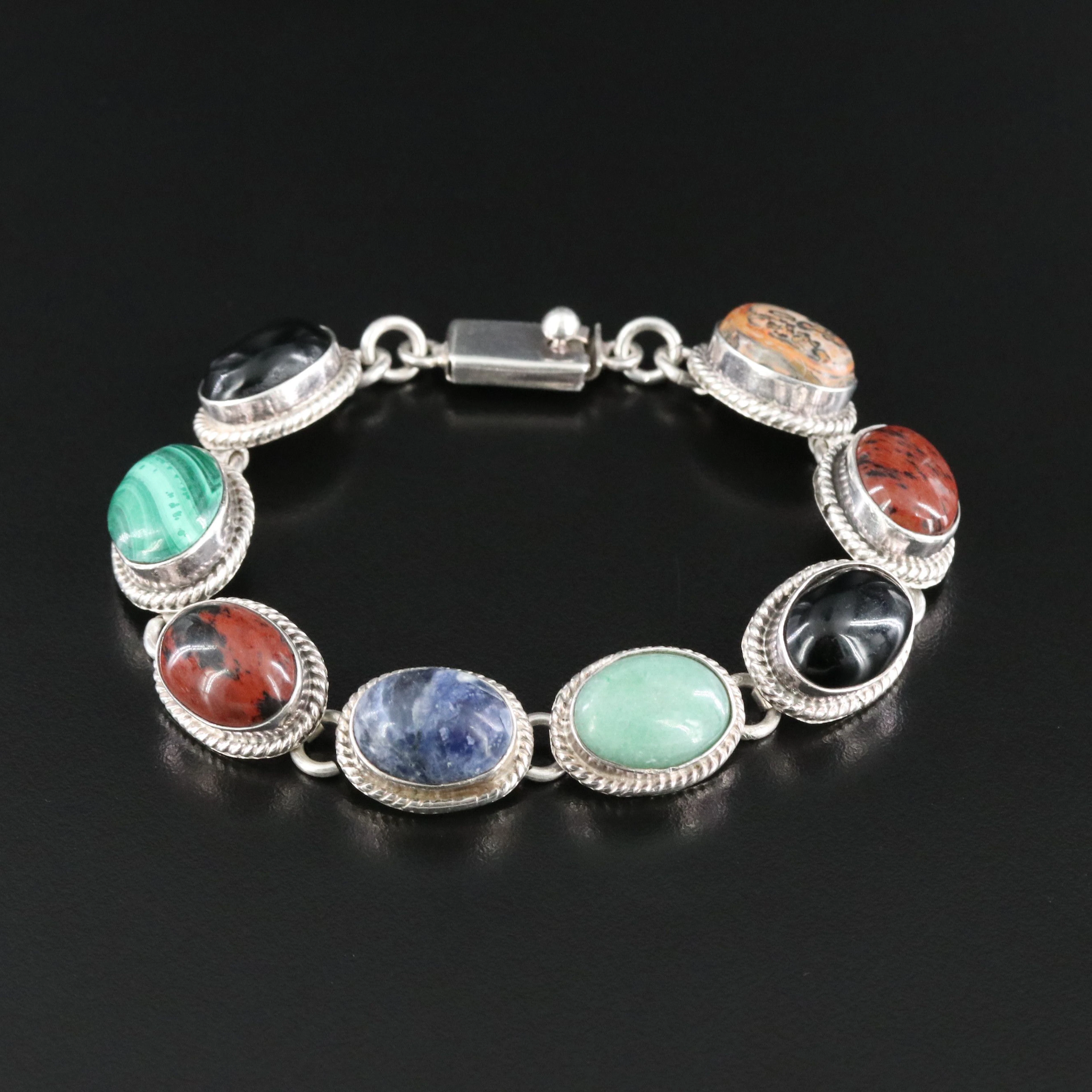 Sterling Gemstone Bracelet Featuring Malachite, Jasper and Sodalite