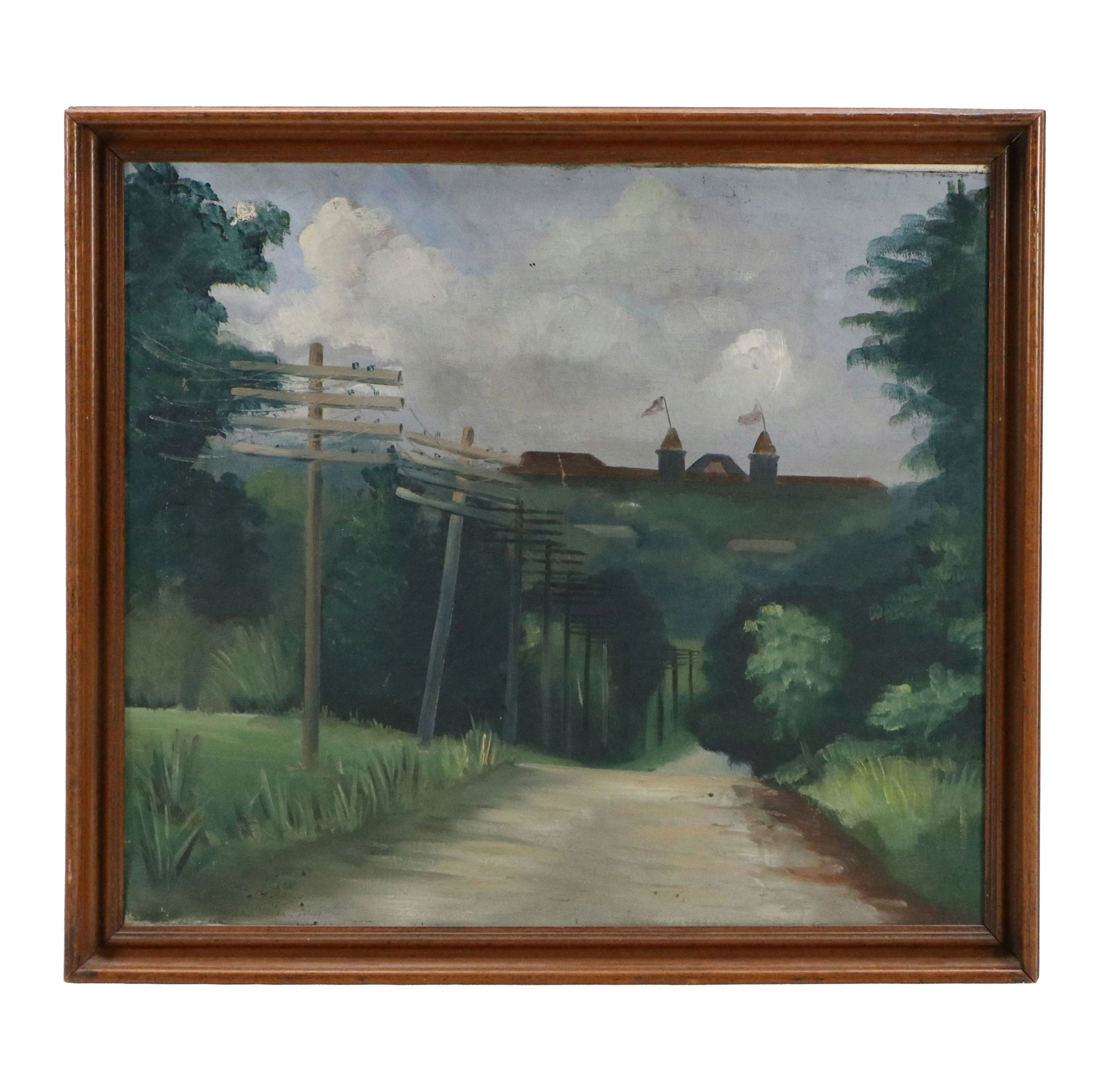 American School Oil Painting of Rural Street with Power Lines, 1952