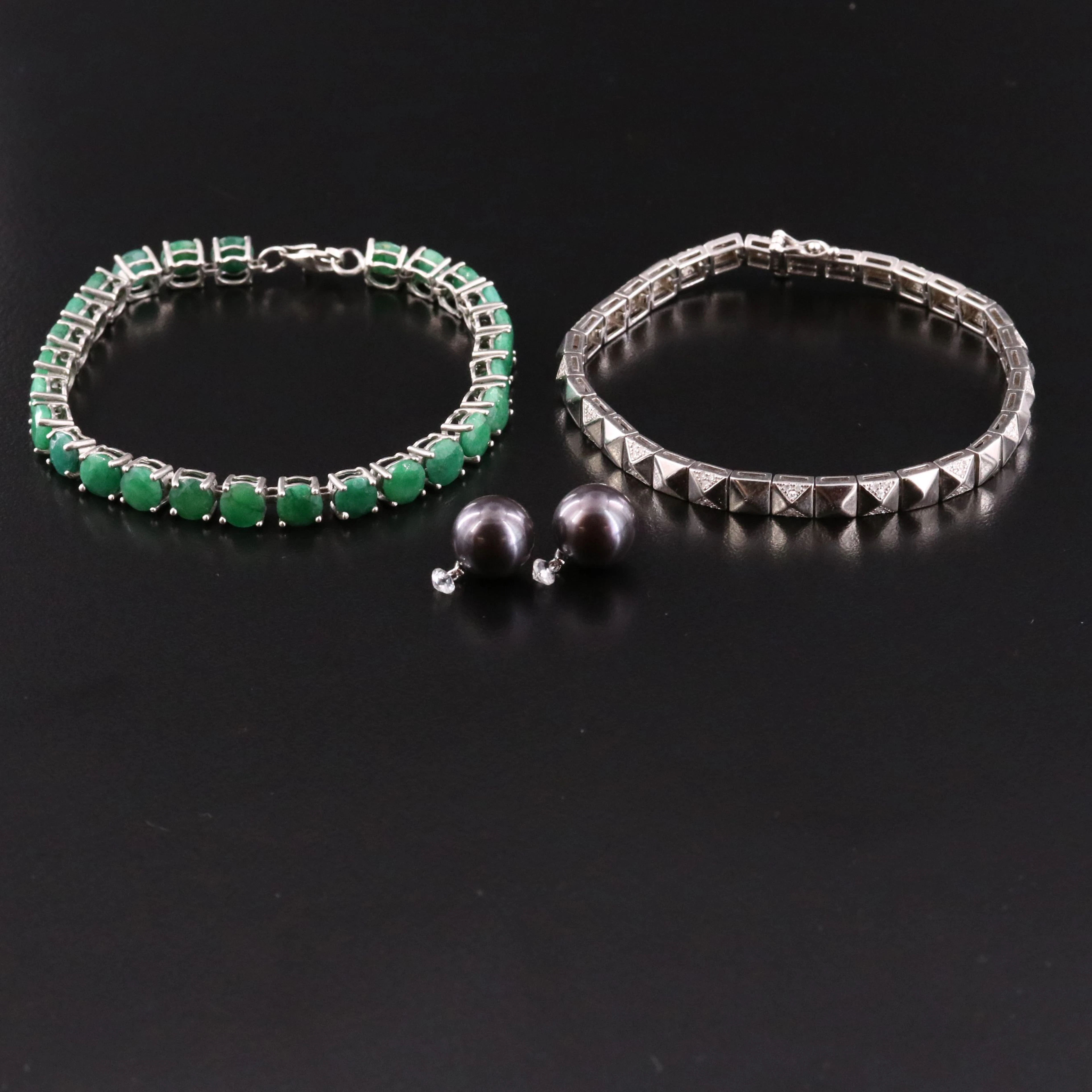 Sterling Bracelets and Earrings with Emerald, Pearl and Diamonds