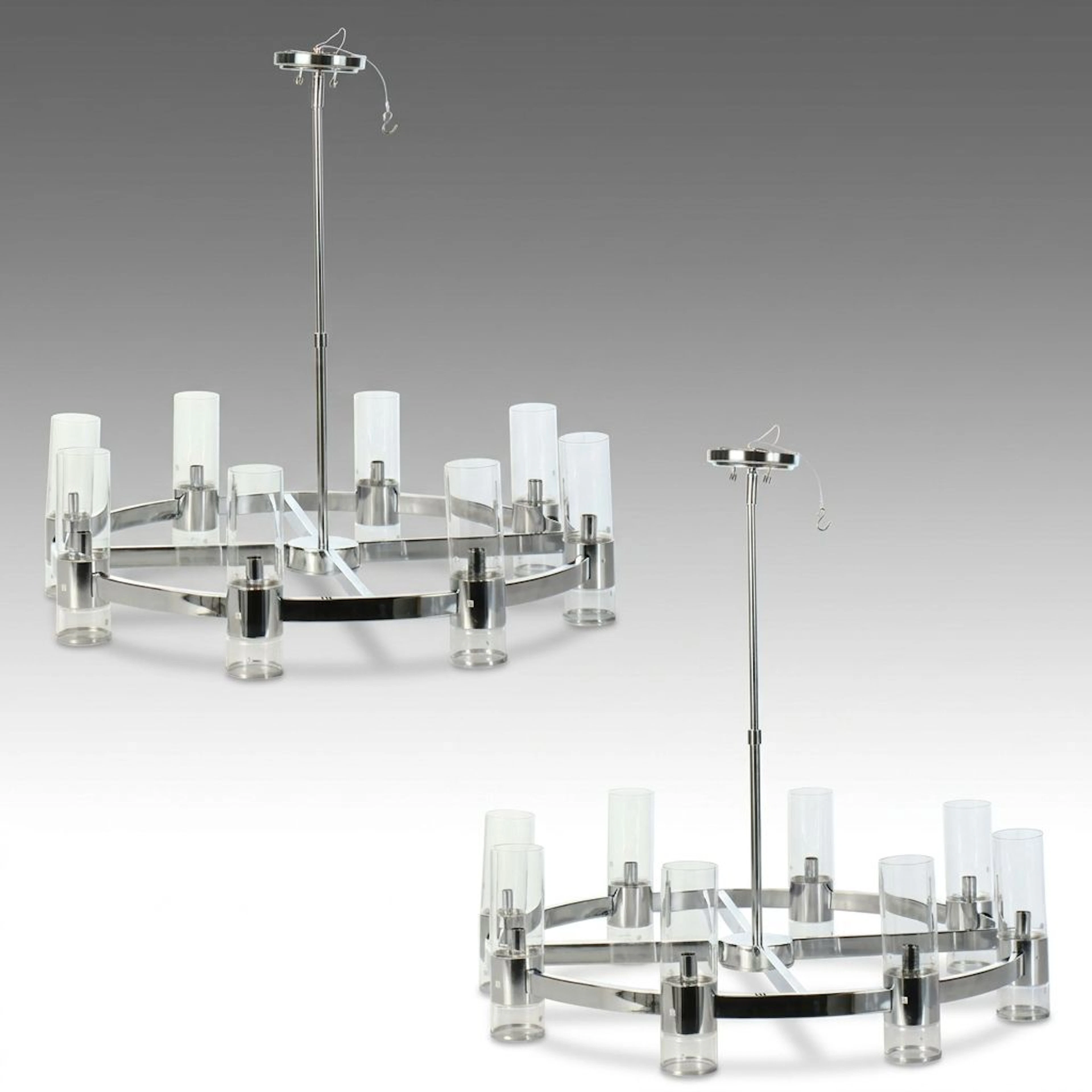 Pair of Modern Chrome Eight-Light Chandeliers, 21st Century