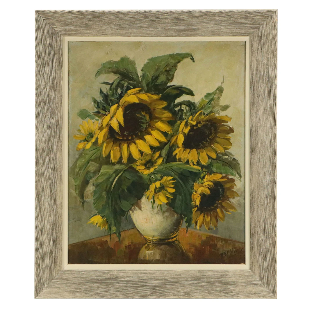 Paula Feil-Stöver Oil Painting Still Life of Sunflowers, Mid to Late 20th C.