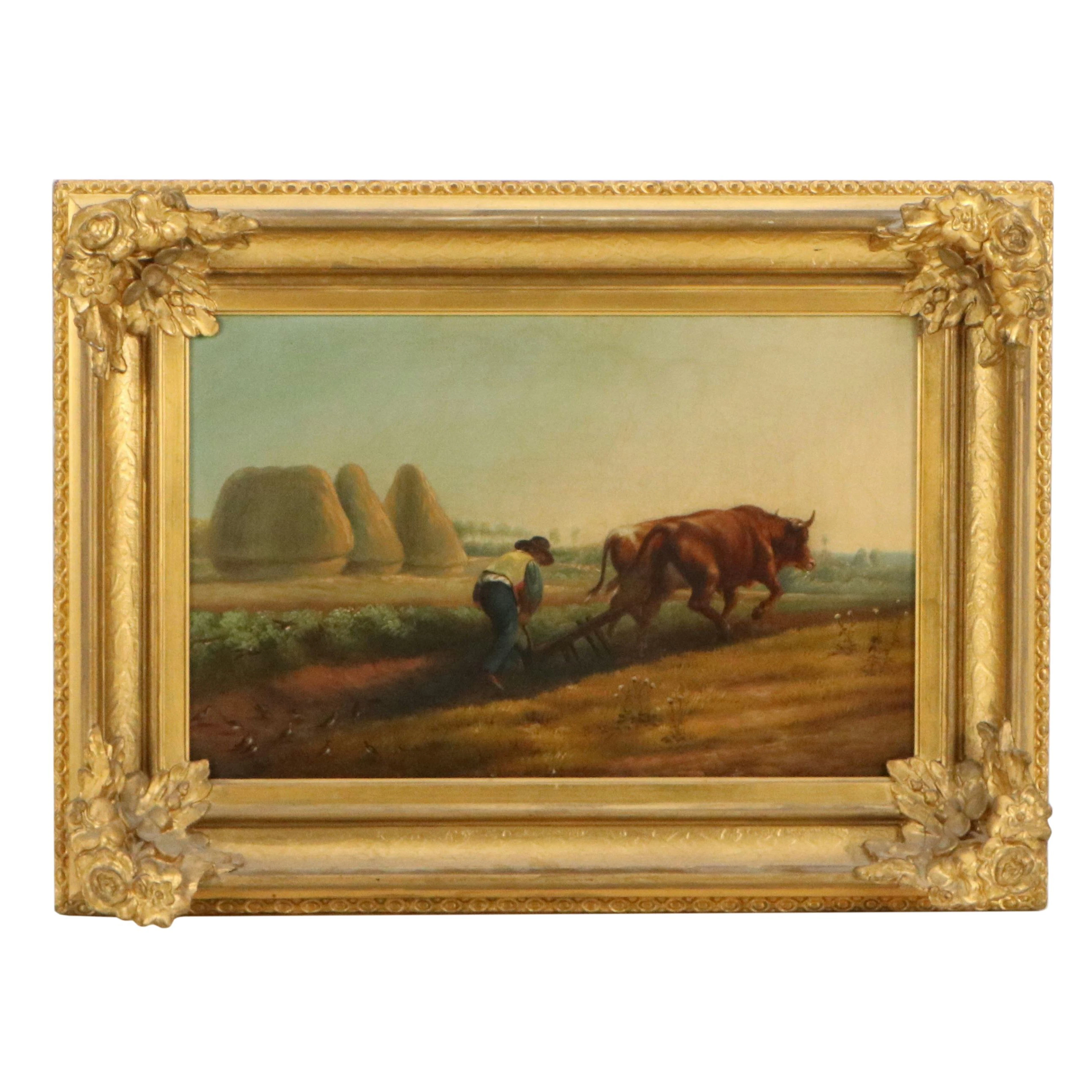 After Rosa Bonheur Oil Painting of Plowing Scene, Early to Mid-20th Century