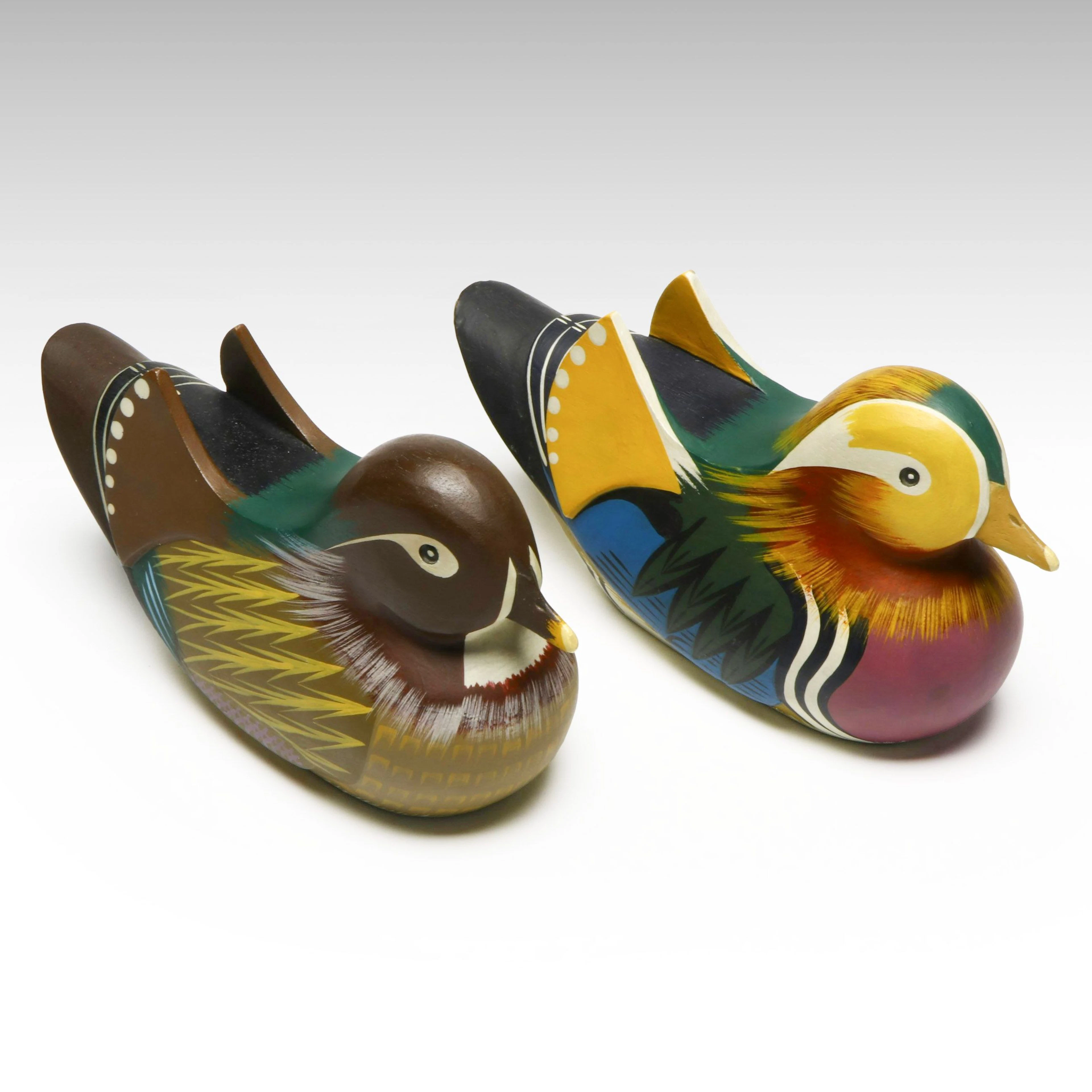 Signed Korean Hand Carved and Painted Wedding Ducks