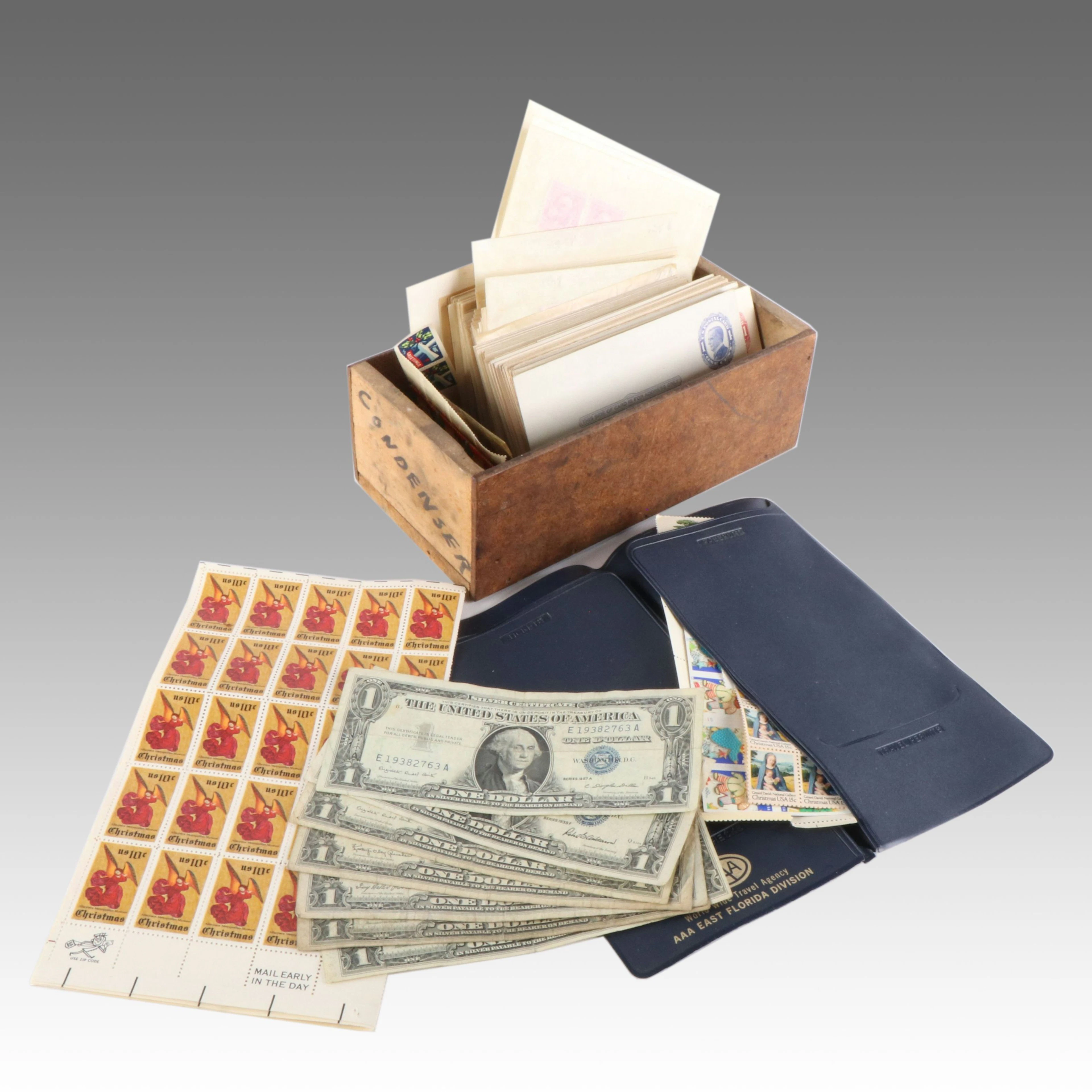 Collection of Unused Blocks of Four U.S. Postage Stamps and Silver Certificates