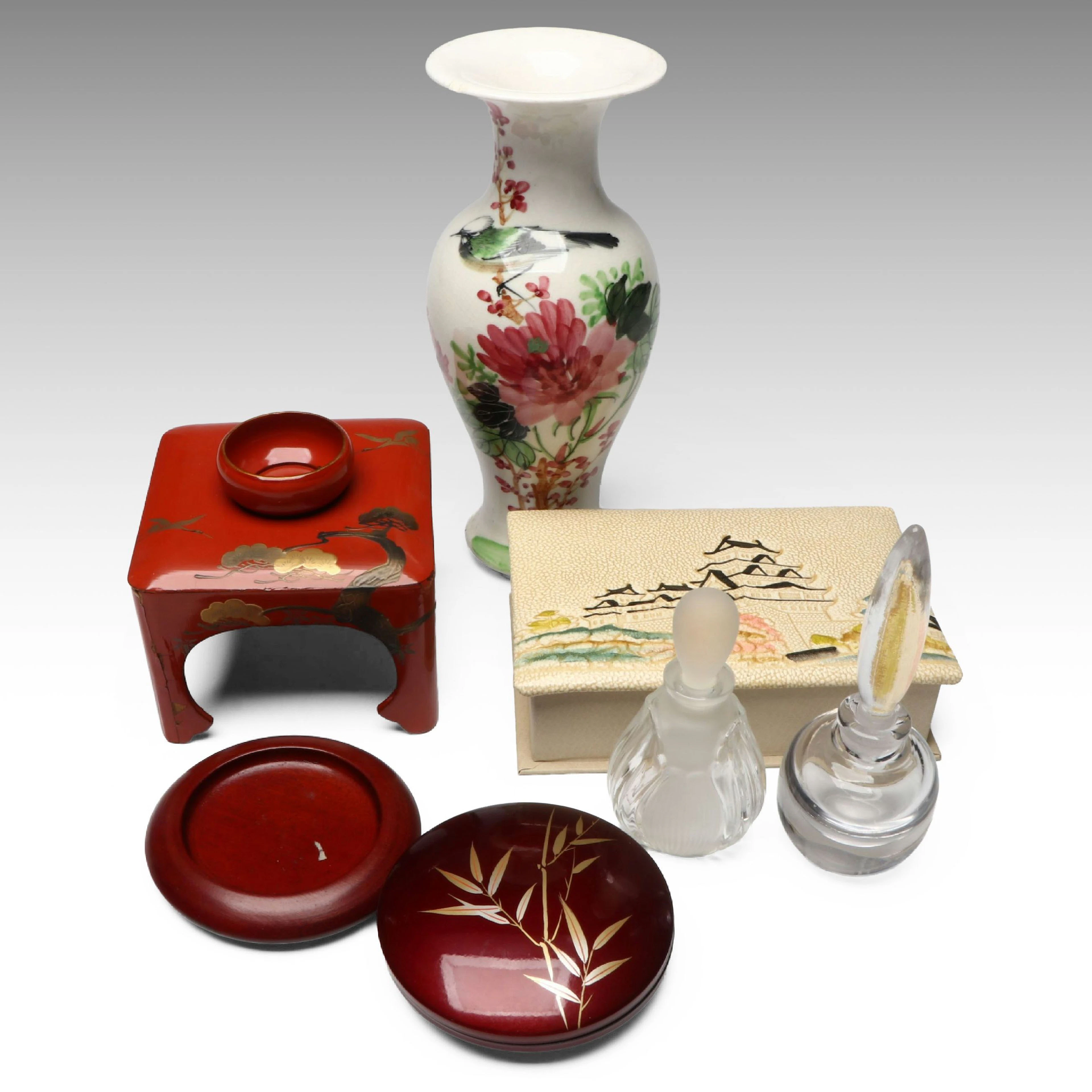 Japanese Lacquerware Sakazuki with Ceramic Vase, Boxes and Perfume Bottles