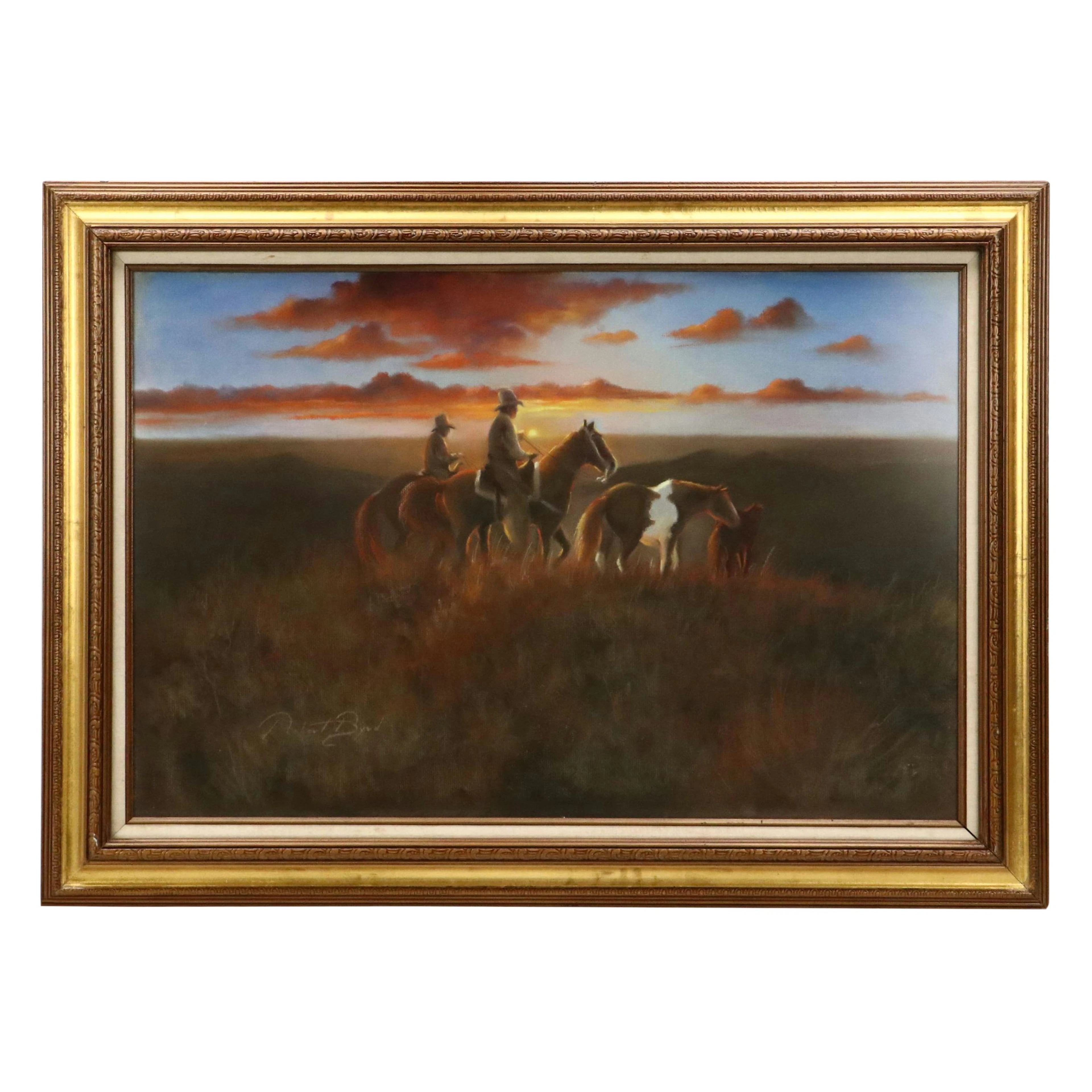 Robert Byrd Pastel Drawing of Cowboys at Sunset, Late 20th Century