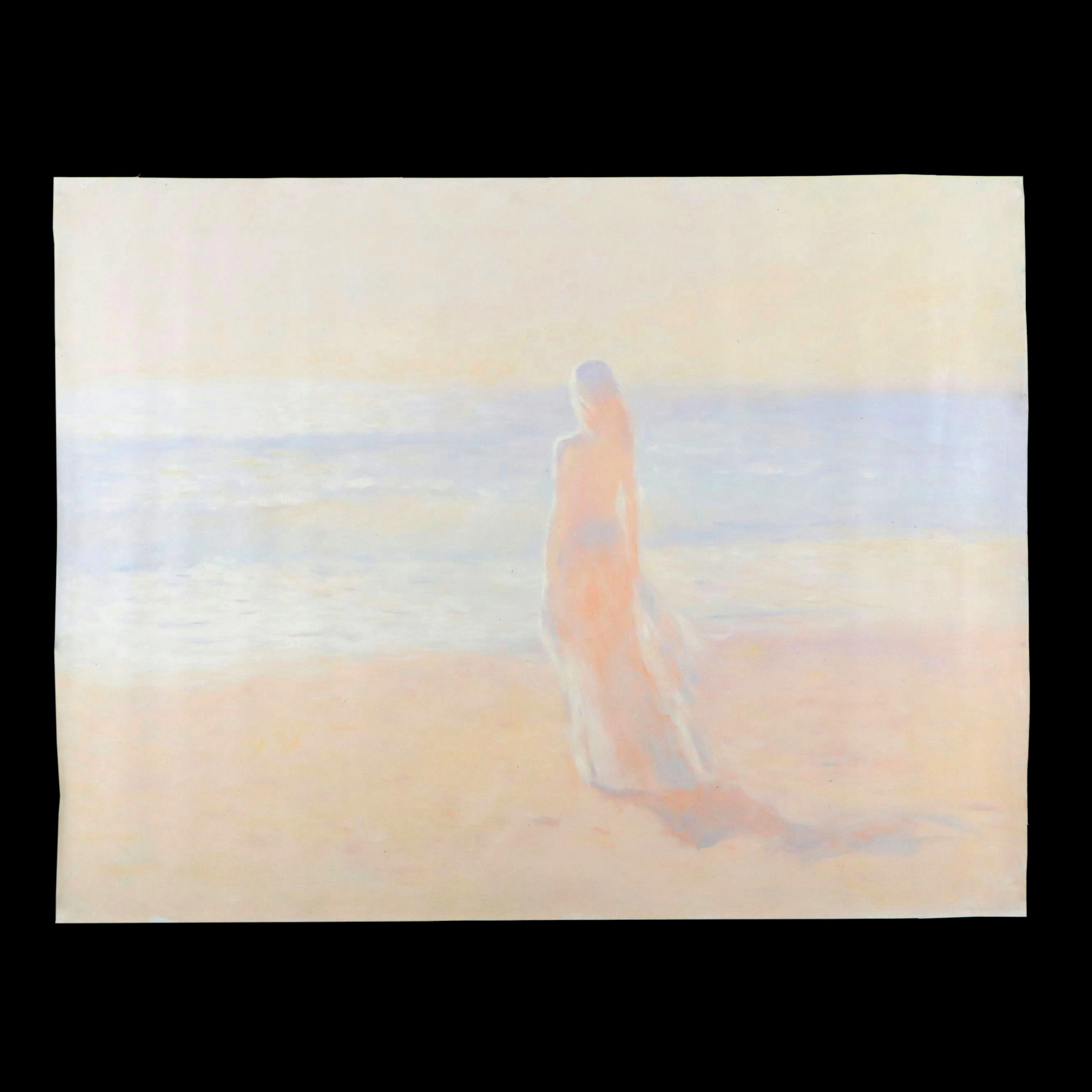 N. Ming Coastal Scene Oil Painting "Sunlit Shore," 21st Century