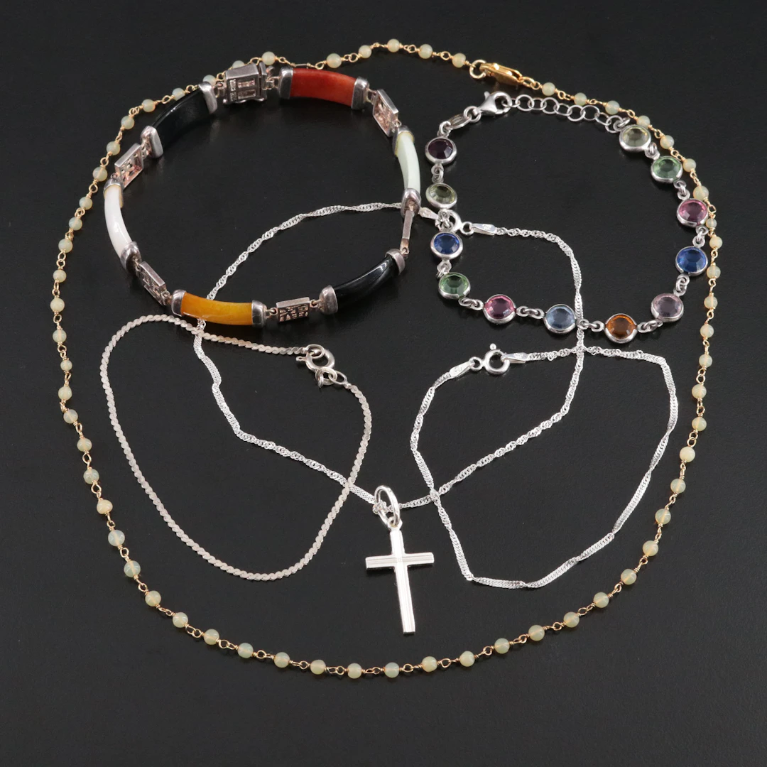 Black Onyx, Jadeite, CZ Featured in Sterling Bracelets and Necklace