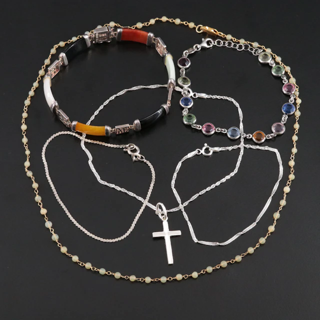 Black Onyx, Jadeite, CZ Featured in Sterling Bracelets and Necklace