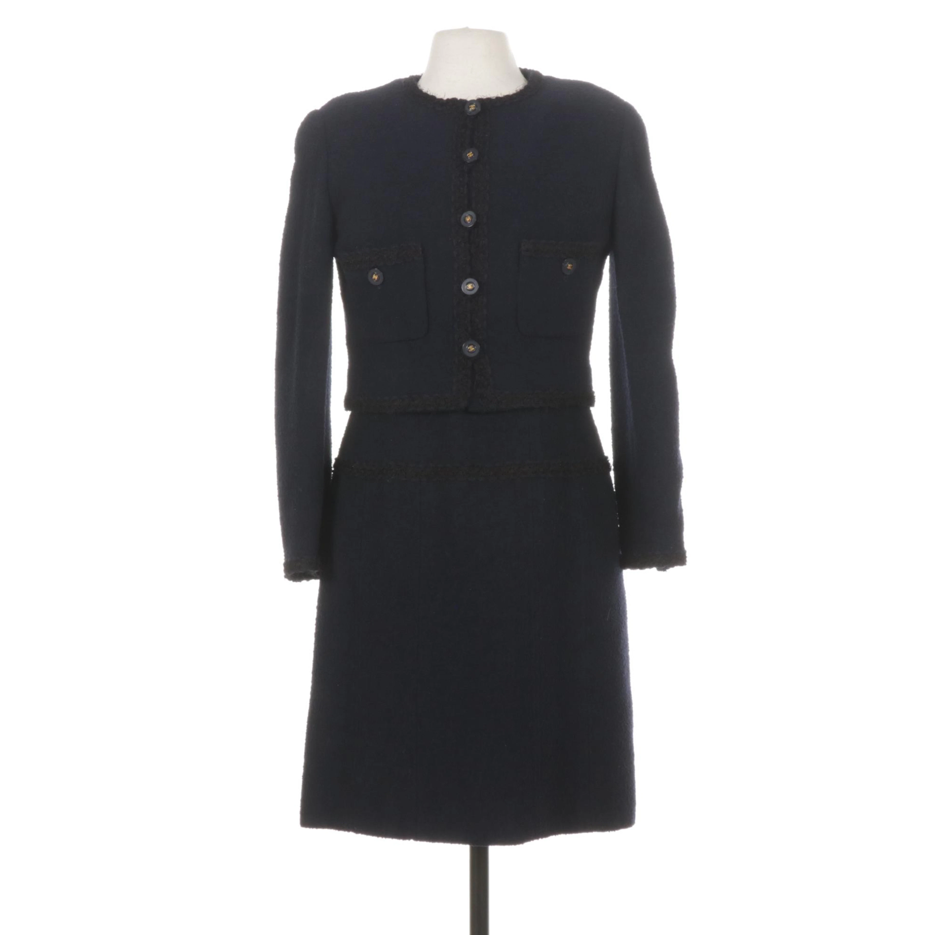 Chanel Boutique Navy Wool Cropped Jacket Dress Suit, Spring/Summer 1994