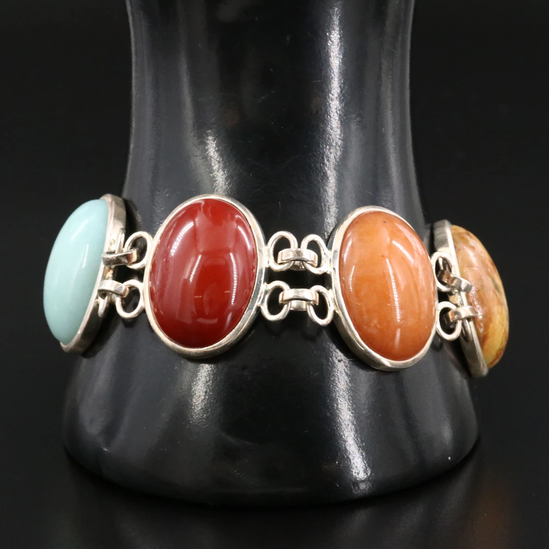 Sterling Link Bracelet Featuring Jasper, Amazonite and Rhodonite