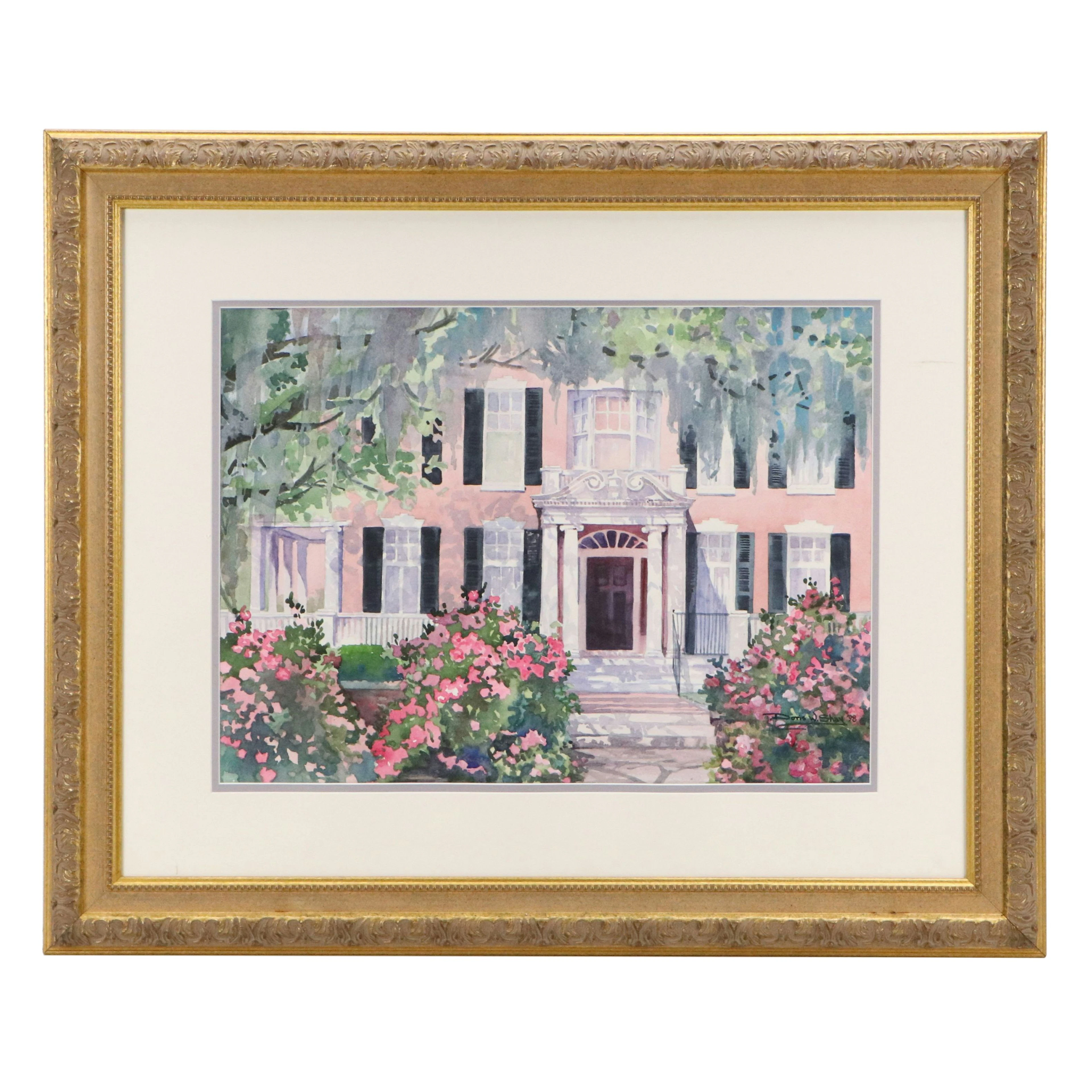 Doris Shay Watercolor Painting of Colonial Brick Home Entrance, 1998