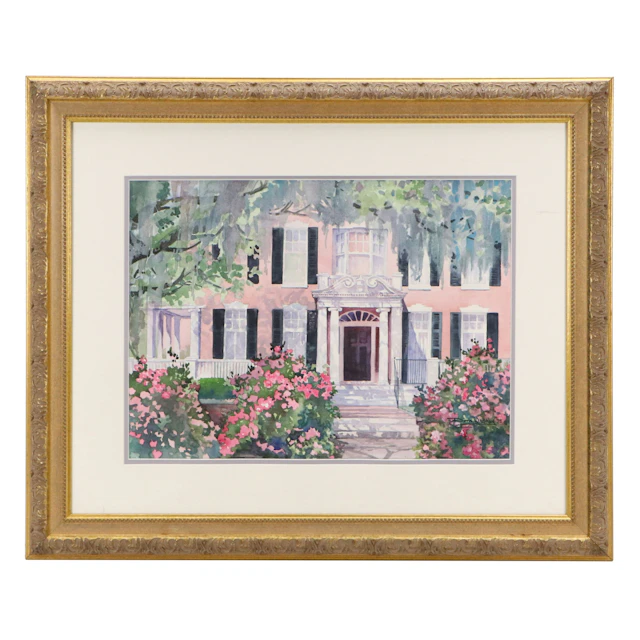 Doris Shay Watercolor Painting of Colonial Brick Home Entrance, 1998